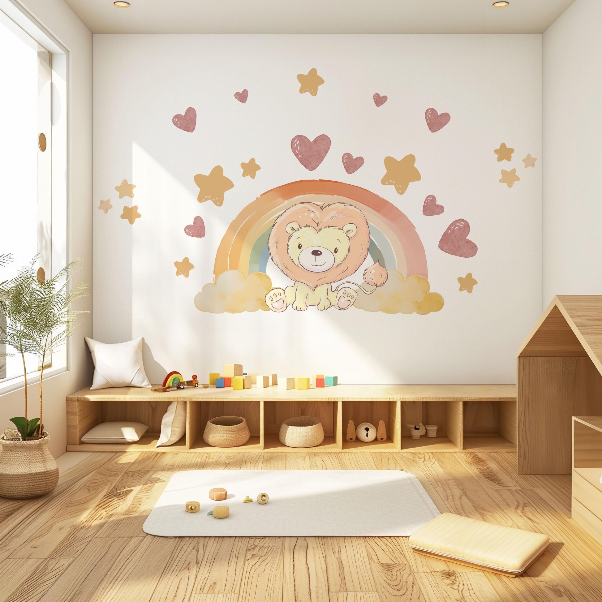 Lion Wall Decals Neutral Nursery Decor Lion Nursery Wall Stickers Safari Nursery Rainbow Wall Decals Peel and Stick Baby Room Decor