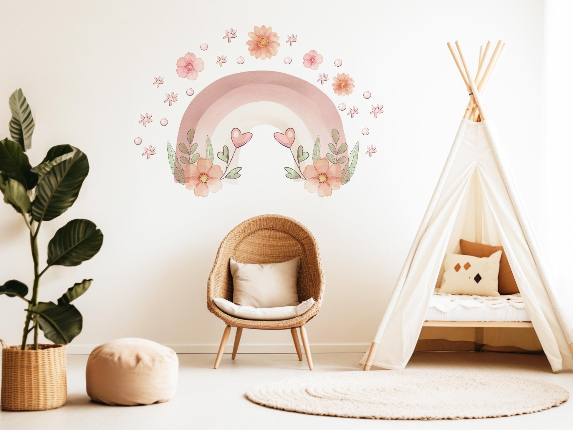 Pink Rainbow Wall Decals Nursery Wall Stickers Boho Floral Nursery Decor Baby Girl Room Decor Peel and Stick Wall Decals