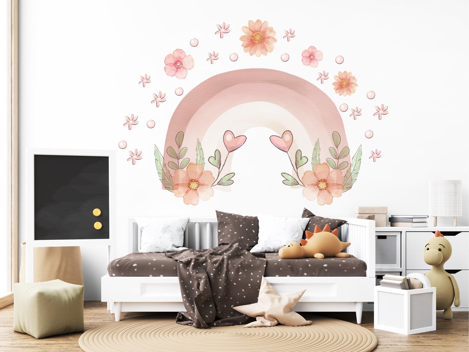 Pink Rainbow Wall Decals Nursery Wall Stickers Boho Floral Nursery Decor Baby Girl Room Decor Peel and Stick Wall Decals