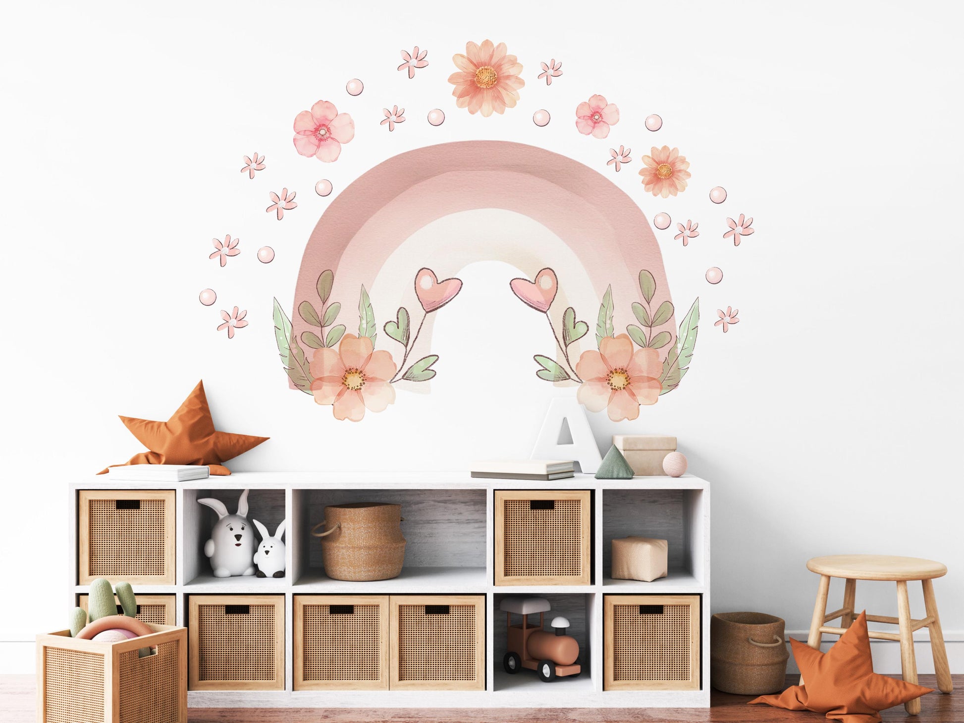 Pink Rainbow Wall Decals Nursery Wall Stickers Boho Floral Nursery Decor Baby Girl Room Decor Peel and Stick Wall Decals