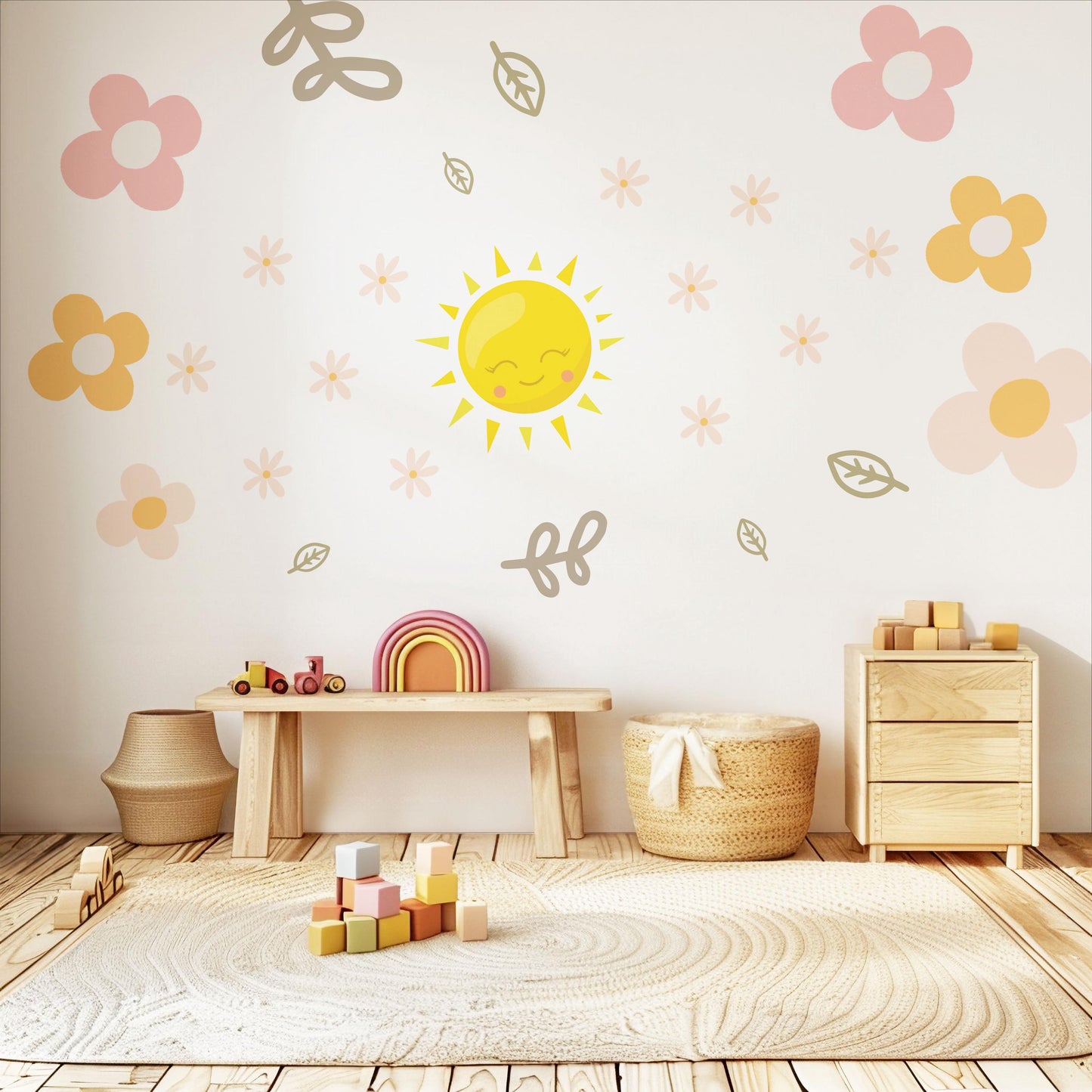 Sun Wall Decals Nursery Wall Stickers Boho Nursery Decor Pink Floral Wall Decals Baby Girl Room Peel and Stick Stickers