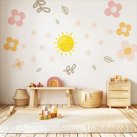 Sun Wall Decals Nursery Wall Stickers Boho Nursery Decor Pink Floral Wall Decals Baby Girl Room Peel and Stick Stickers