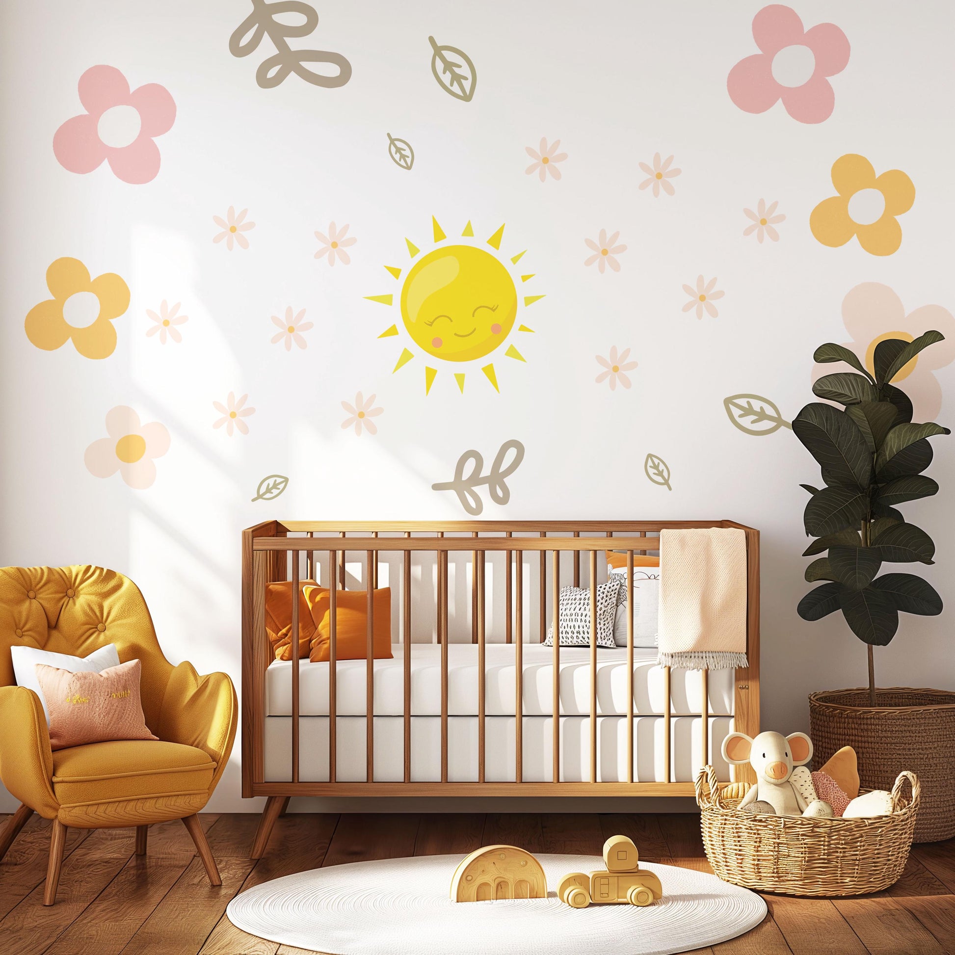 Sun Wall Decals Nursery Wall Stickers Boho Nursery Decor Pink Floral Wall Decals Baby Girl Room Peel and Stick Stickers