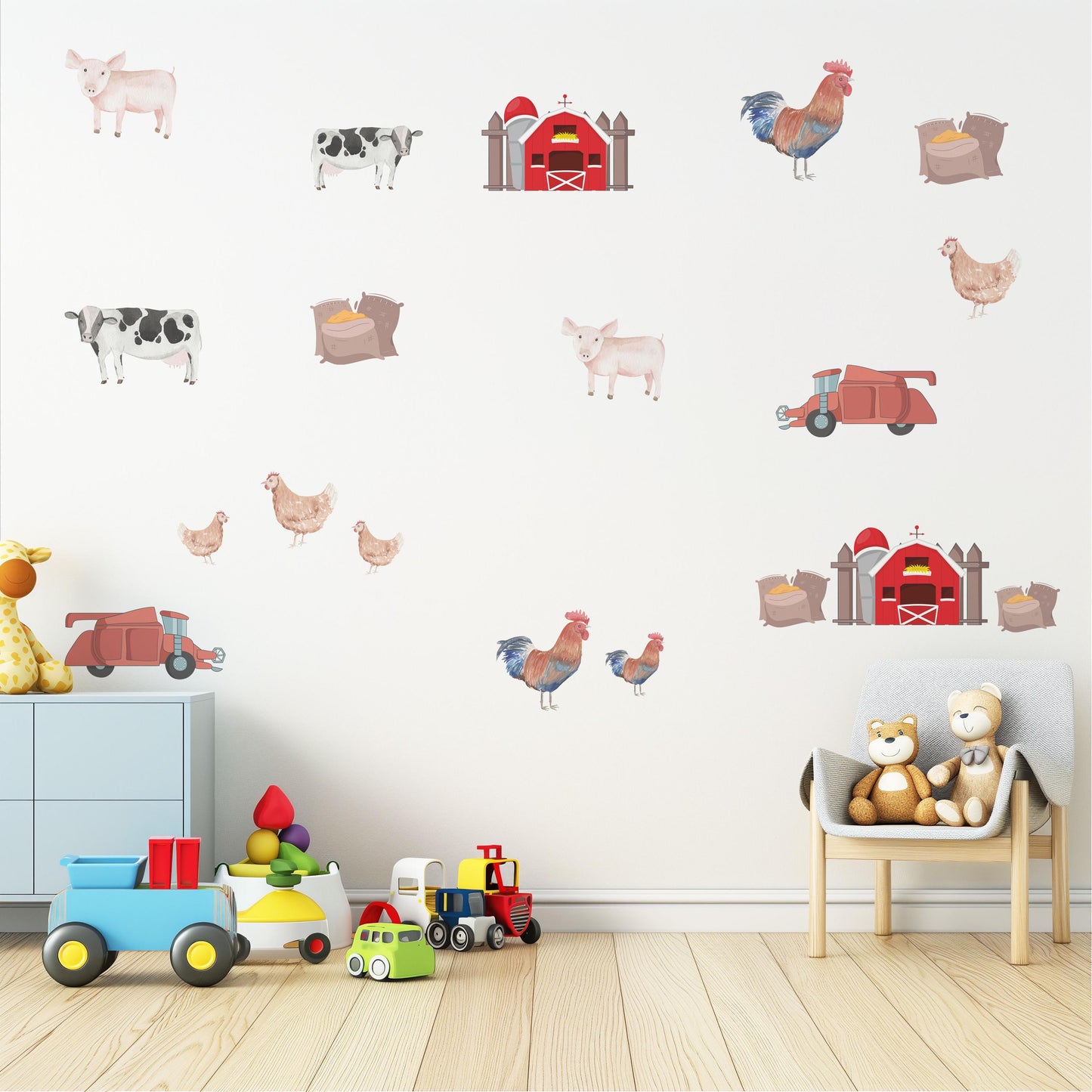 Farm Animal Wall Decals Farm Nursery Wall Stickers Barn Tractor Cow Pig Chicken Peel and Stick Nursery Decor Baby Room