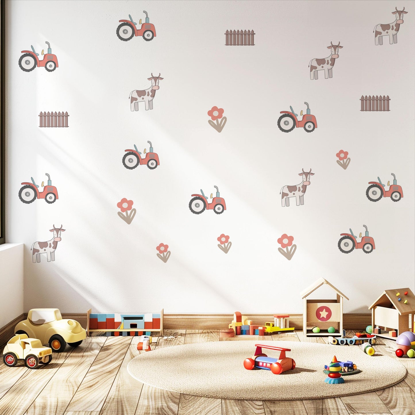 Farm Tractor Wall Decals Farm Nursery Wall Stickers Tractor Cow Fence Floral Peel and Stick Baby Boy Nursery Decor