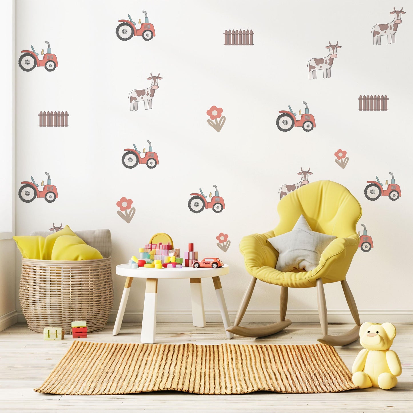 Farm Tractor Wall Decals Farm Nursery Wall Stickers Tractor Cow Fence Floral Peel and Stick Baby Boy Nursery Decor