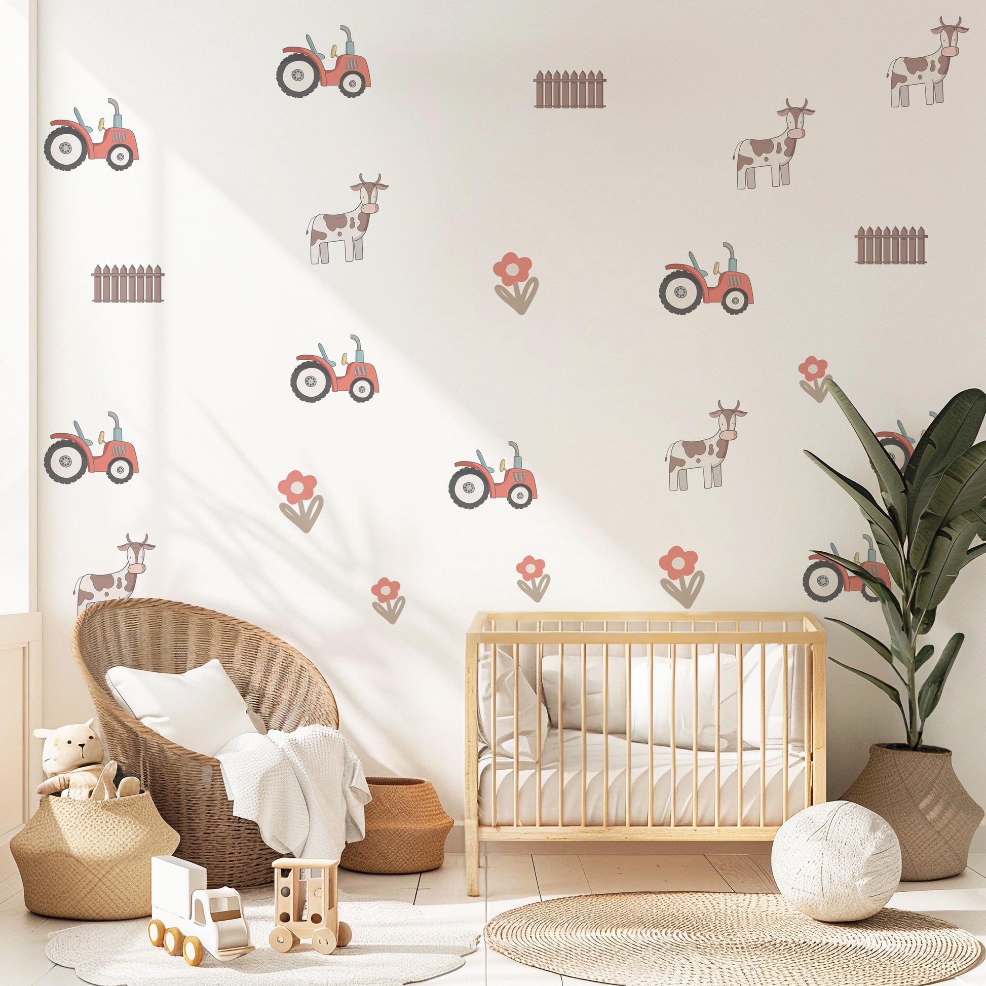 Farm Tractor Wall Decals Farm Nursery Wall Stickers Tractor Cow Fence Floral Peel and Stick Baby Boy Nursery Decor