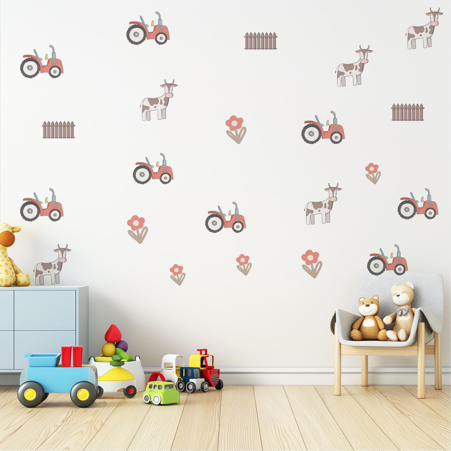 Farm Tractor Wall Decals Farm Nursery Wall Stickers Tractor Cow Fence Floral Peel and Stick Baby Boy Nursery Decor