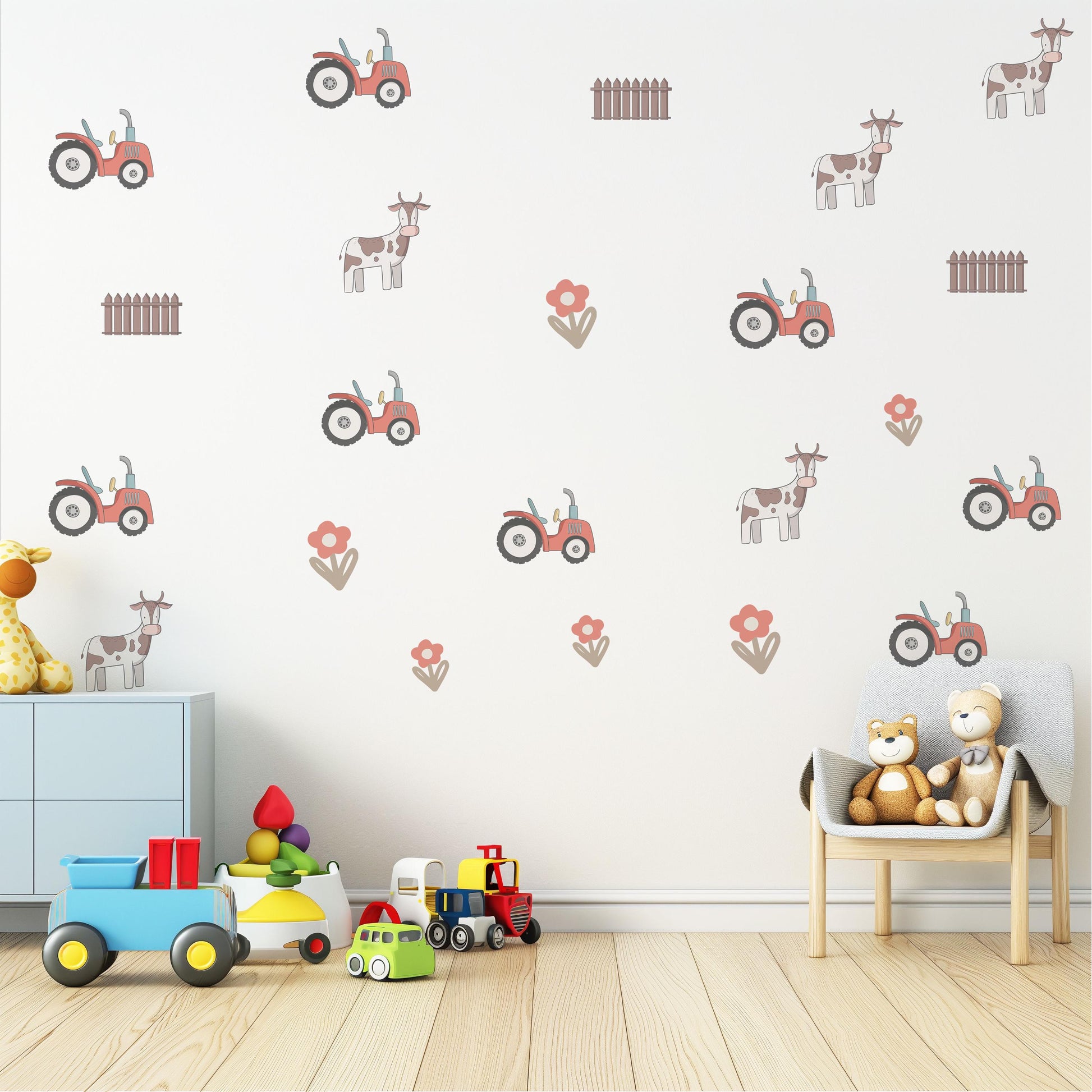 Farm Tractor Wall Decals Farm Nursery Wall Stickers Tractor Cow Fence Floral Peel and Stick Baby Boy Nursery Decor