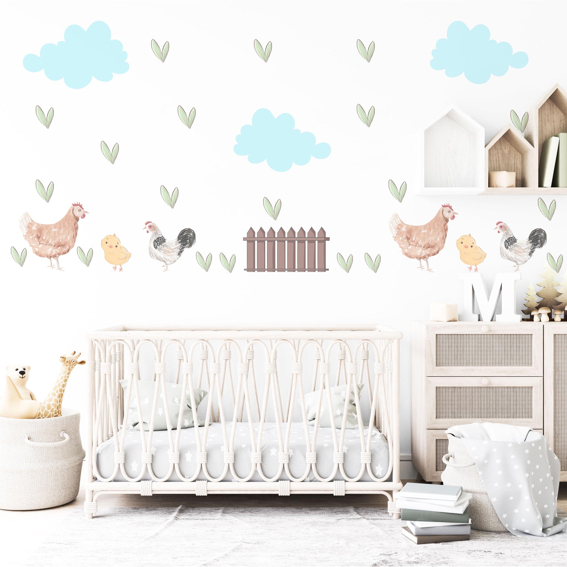 Chicken Wall Decals Farm Animal Nursery Stickers Hen Rooster Chick Peel and Stick Baby Farm Bedroom Playroom Wall Decor