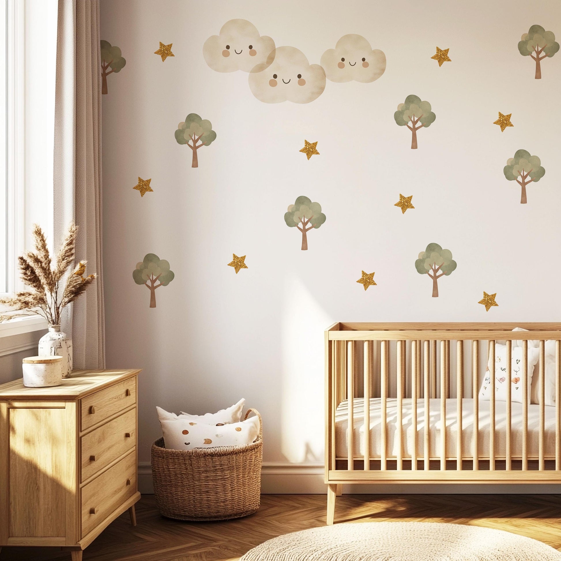 Woodland Tree Wall Decals Nursery Wall Stickers Neutral Nursery Decor Cloud Wall Decals Forest Nursery Peel and Stick Kids