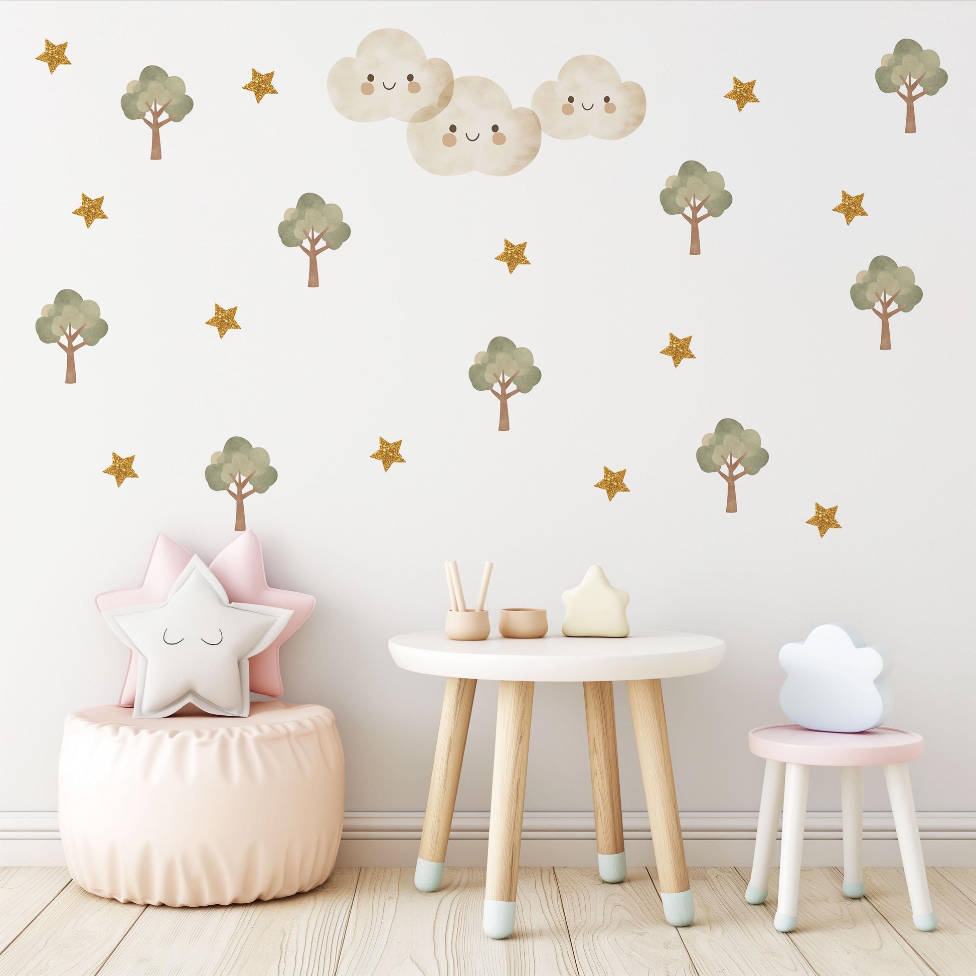 Woodland Tree Wall Decals Nursery Wall Stickers Neutral Nursery Decor Cloud Wall Decals Forest Nursery Peel and Stick Kids