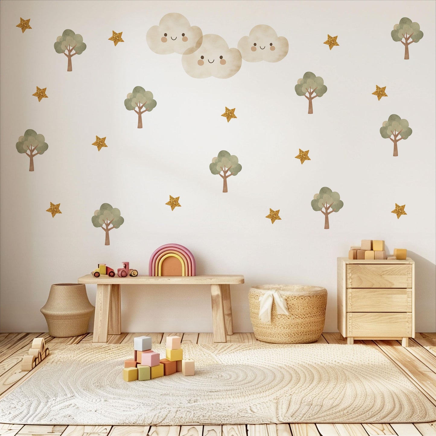 Woodland Tree Wall Decals Nursery Wall Stickers Neutral Nursery Decor Cloud Wall Decals Forest Nursery Peel and Stick Kids