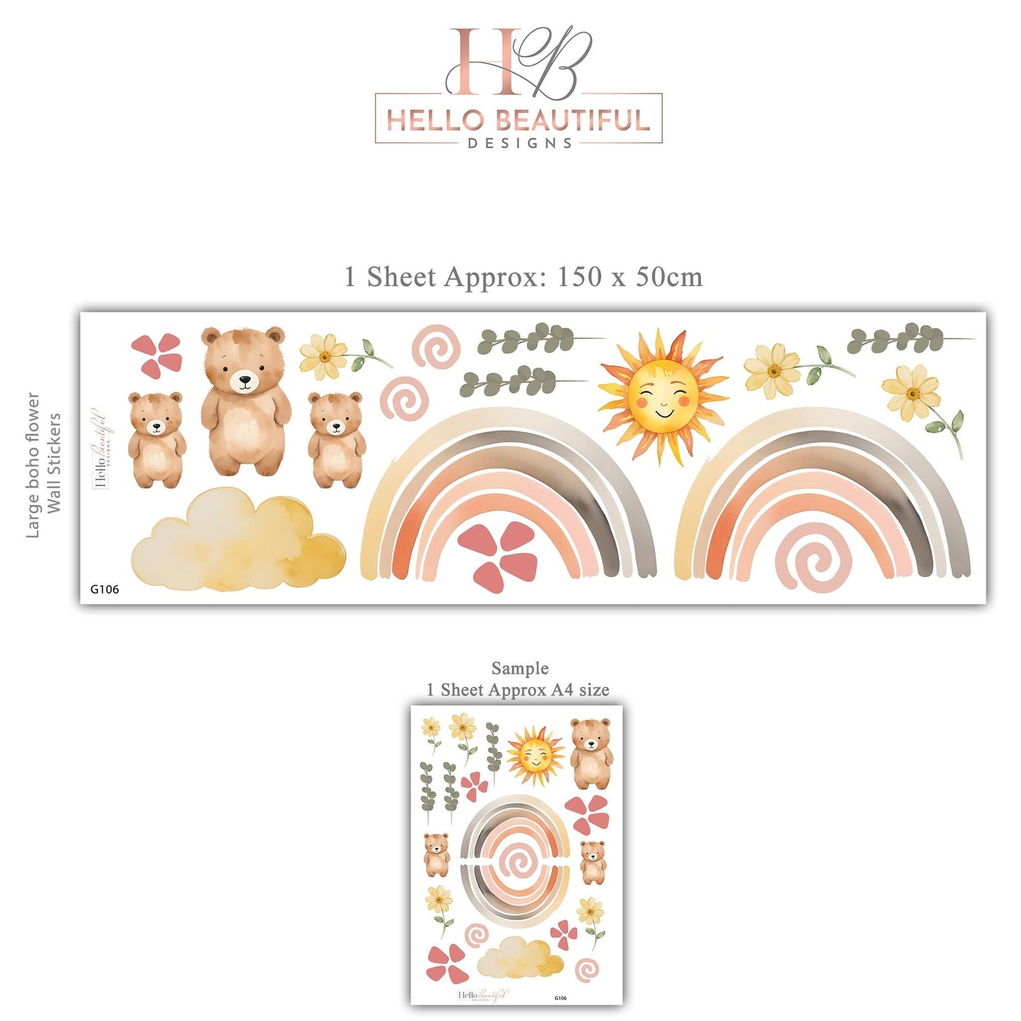 Teddy Bear Wall Decals Nursery Wall Stickers Bear Nursery Decor Neutral Nursery Decor Rainbow Wall Decals Peel and Stick