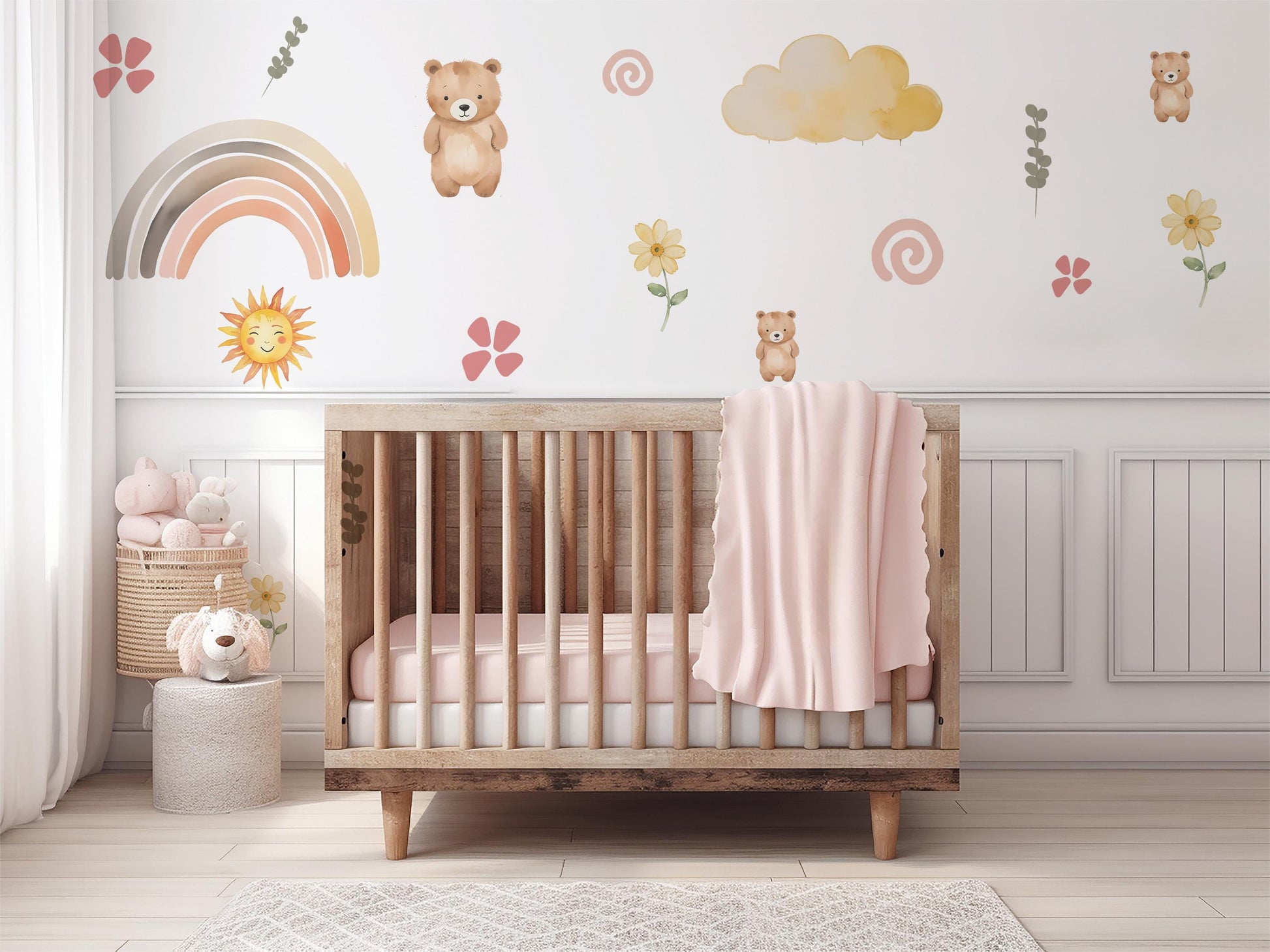 Teddy Bear Wall Decals Nursery Wall Stickers Bear Nursery Decor Neutral Nursery Decor Rainbow Wall Decals Peel and Stick