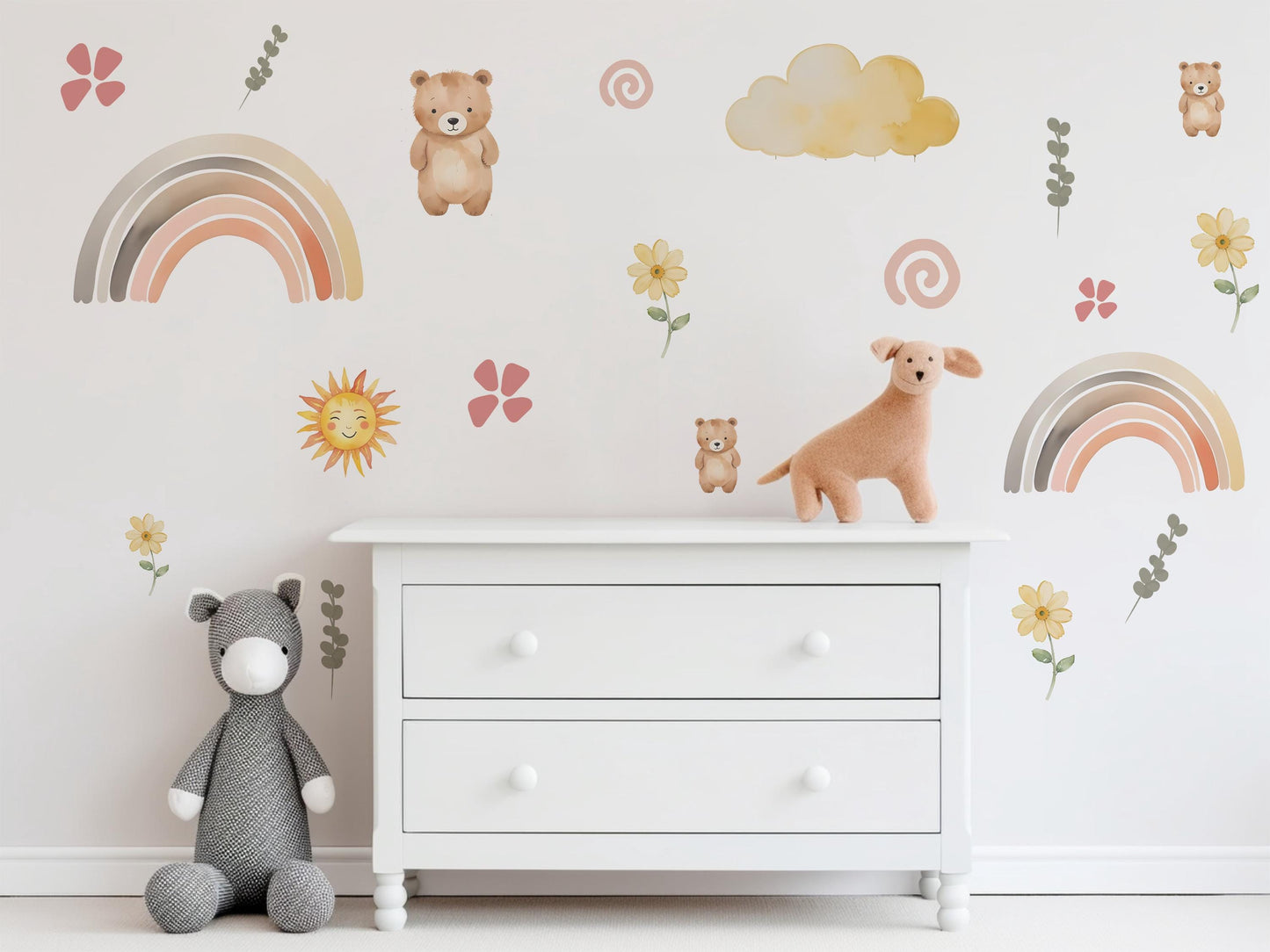 Teddy Bear Wall Decals Nursery Wall Stickers Bear Nursery Decor Neutral Nursery Decor Rainbow Wall Decals Peel and Stick