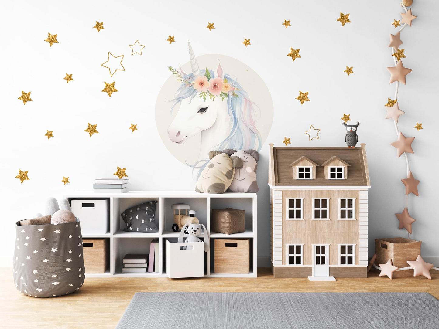 Unicorn Wall Decals Girls Nursery Decor Unicorn Wall Stickers Rainbow Stars Bedroom Decor Peel and Stick Decals