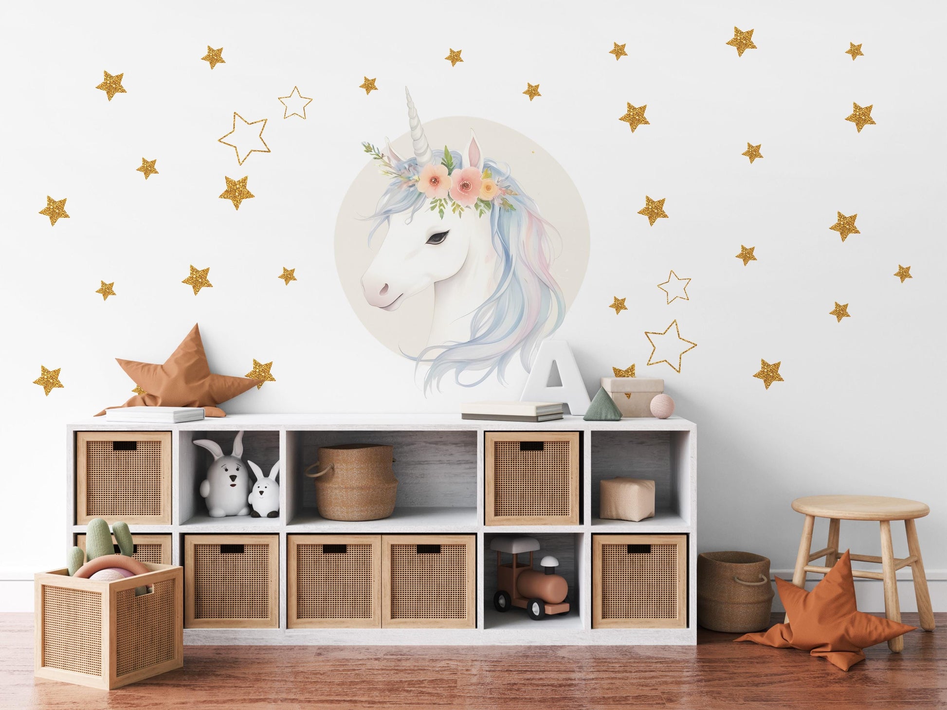 Unicorn Wall Decals Girls Nursery Decor Unicorn Wall Stickers Rainbow Stars Bedroom Decor Peel and Stick Decals