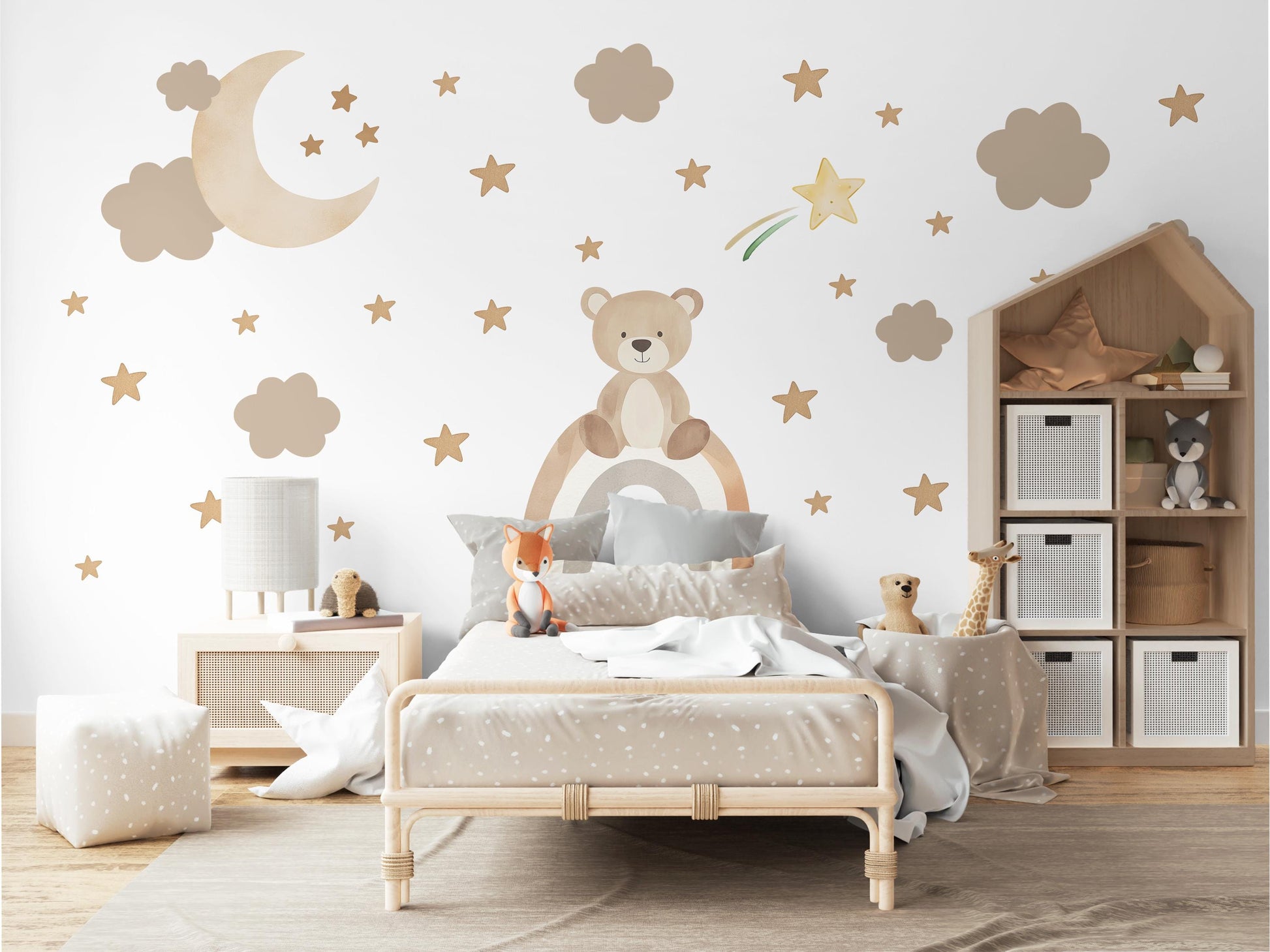 Teddy Bear Wall Decals Neutral Nursery Decor Bear Wall Stickers Beige Nursery Wall Art Moon Stars Baby Boy Room Decor