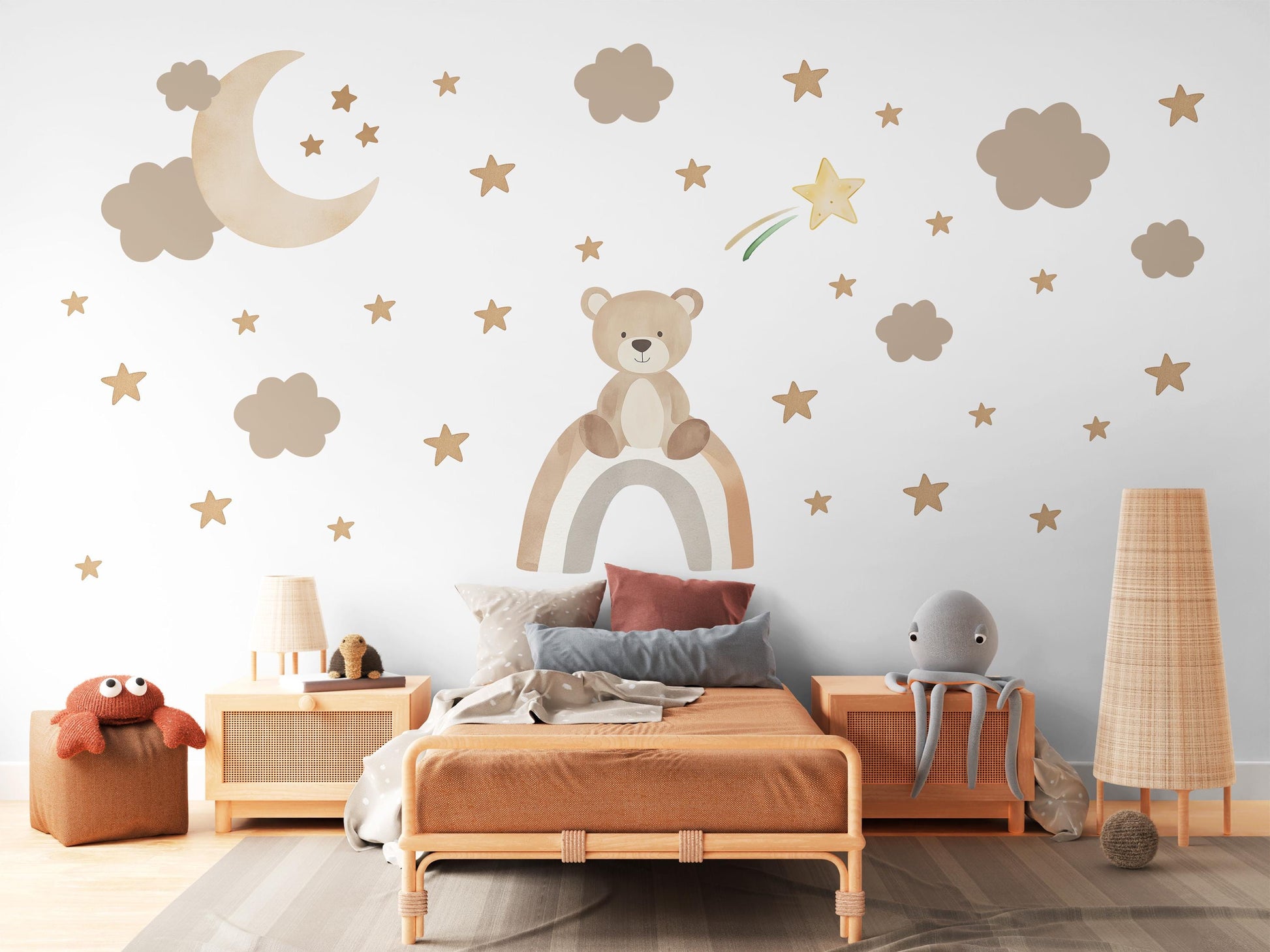 Teddy Bear Wall Decals Neutral Nursery Decor Bear Wall Stickers Beige Nursery Wall Art Moon Stars Baby Boy Room Decor