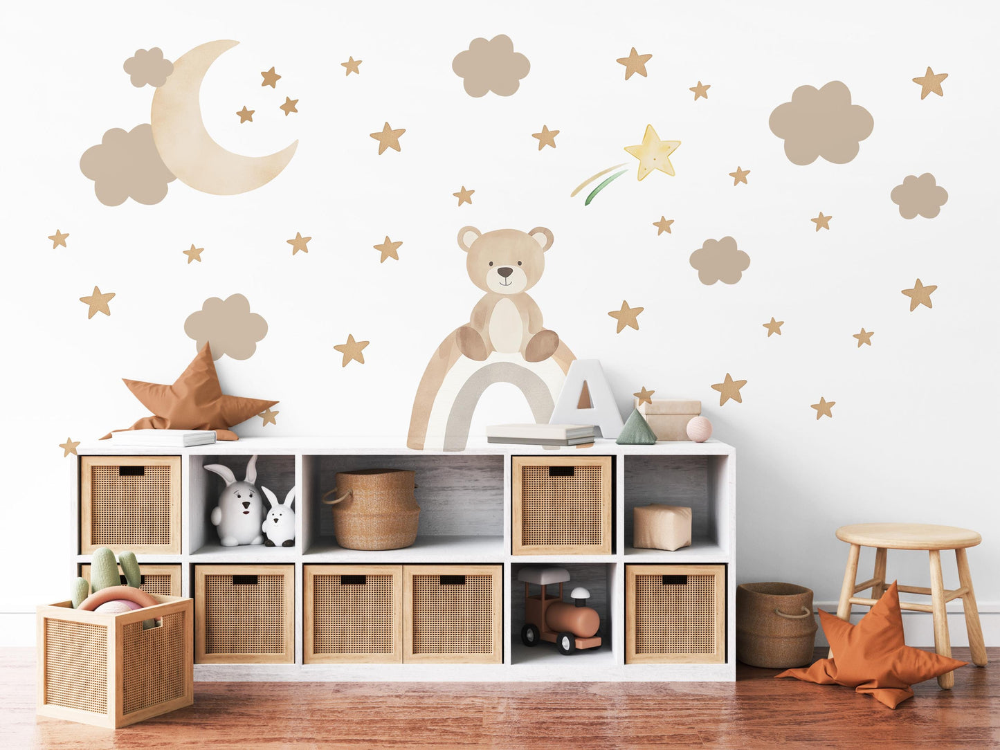 Teddy Bear Wall Decals Neutral Nursery Decor Bear Wall Stickers Beige Nursery Wall Art Moon Stars Baby Boy Room Decor