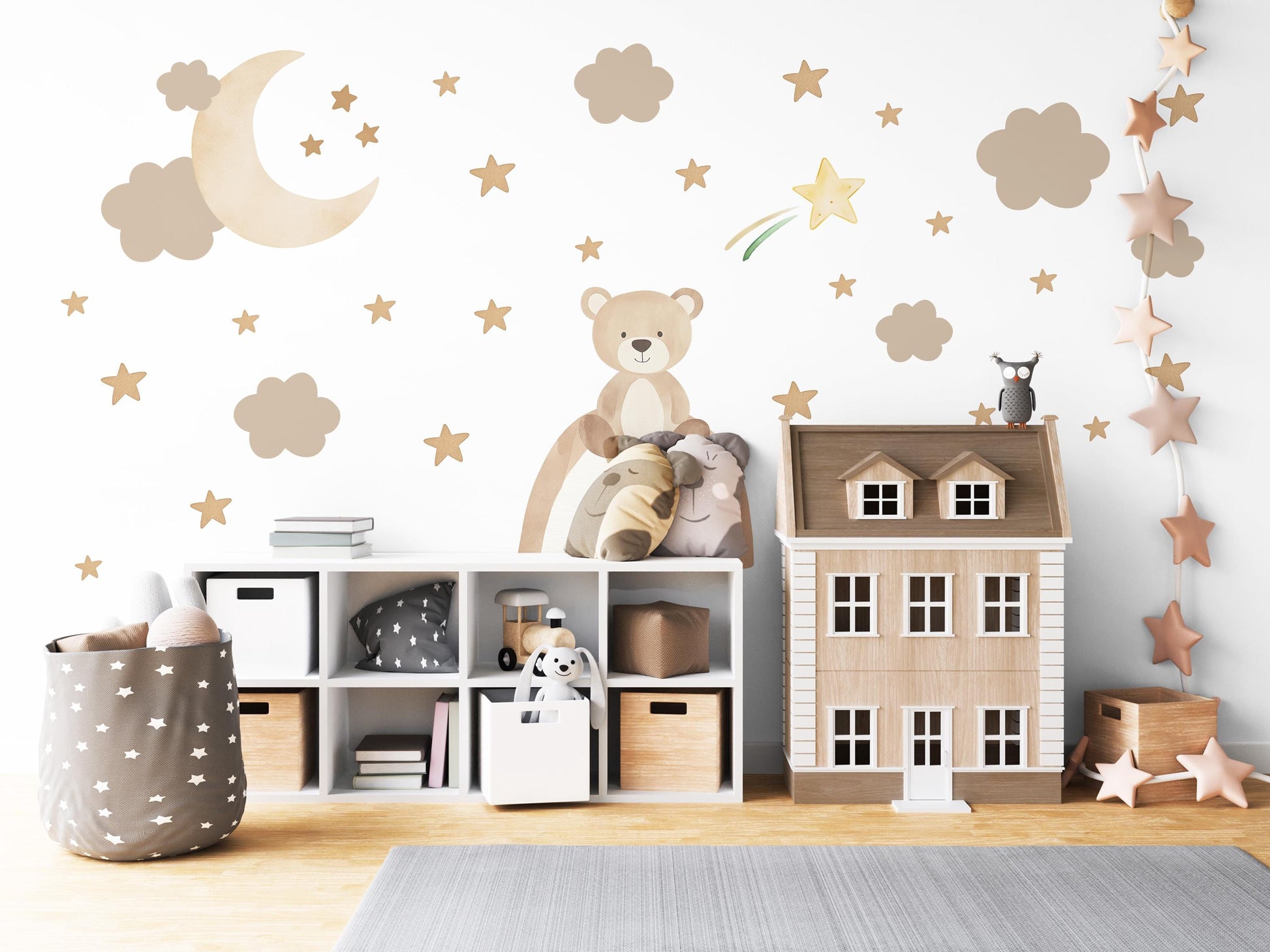 Teddy Bear Wall Decals Neutral Nursery Decor Bear Wall Stickers Beige Nursery Wall Art Moon Stars Baby Boy Room Decor