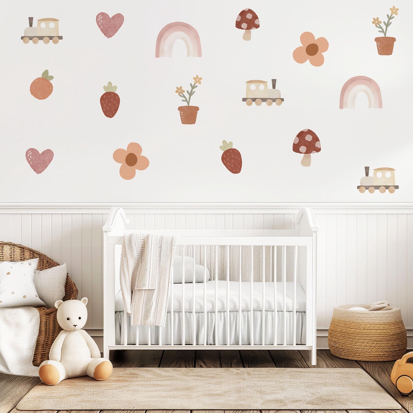 Boho Nursery Wall Decals Rainbow Train Strawberry Flower Peel and Stick Wall Stickers Baby Girl Bedroom Playroom Decor