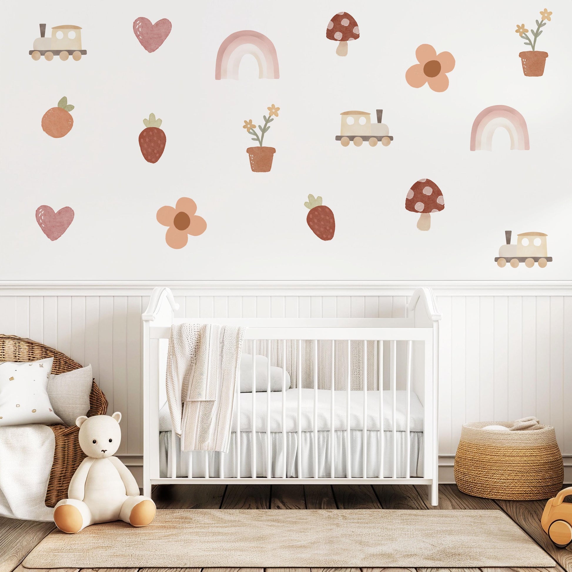 Boho Nursery Wall Decals Rainbow Train Strawberry Flower Peel and Stick Wall Stickers Baby Girl Bedroom Playroom Decor
