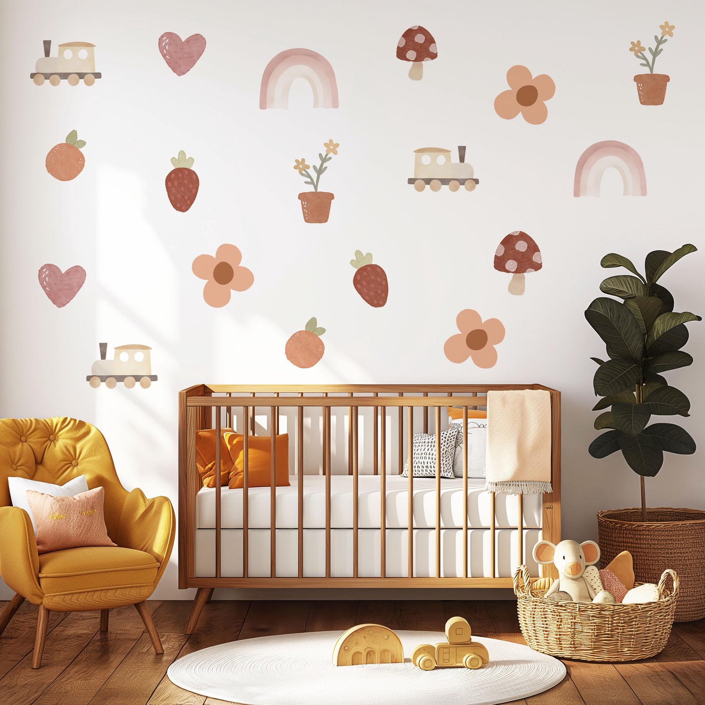 Boho Nursery Wall Decals Rainbow Train Strawberry Flower Peel and Stick Wall Stickers Baby Girl Bedroom Playroom Decor