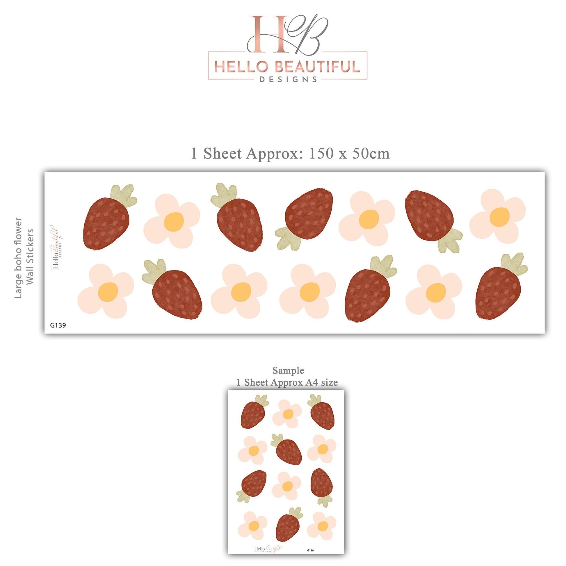 Strawberry Wall Decals Nursery Peel and Stick Wall Stickers Boho Strawberry Flowers Baby Girl Bedroom Playroom Wall Decor
