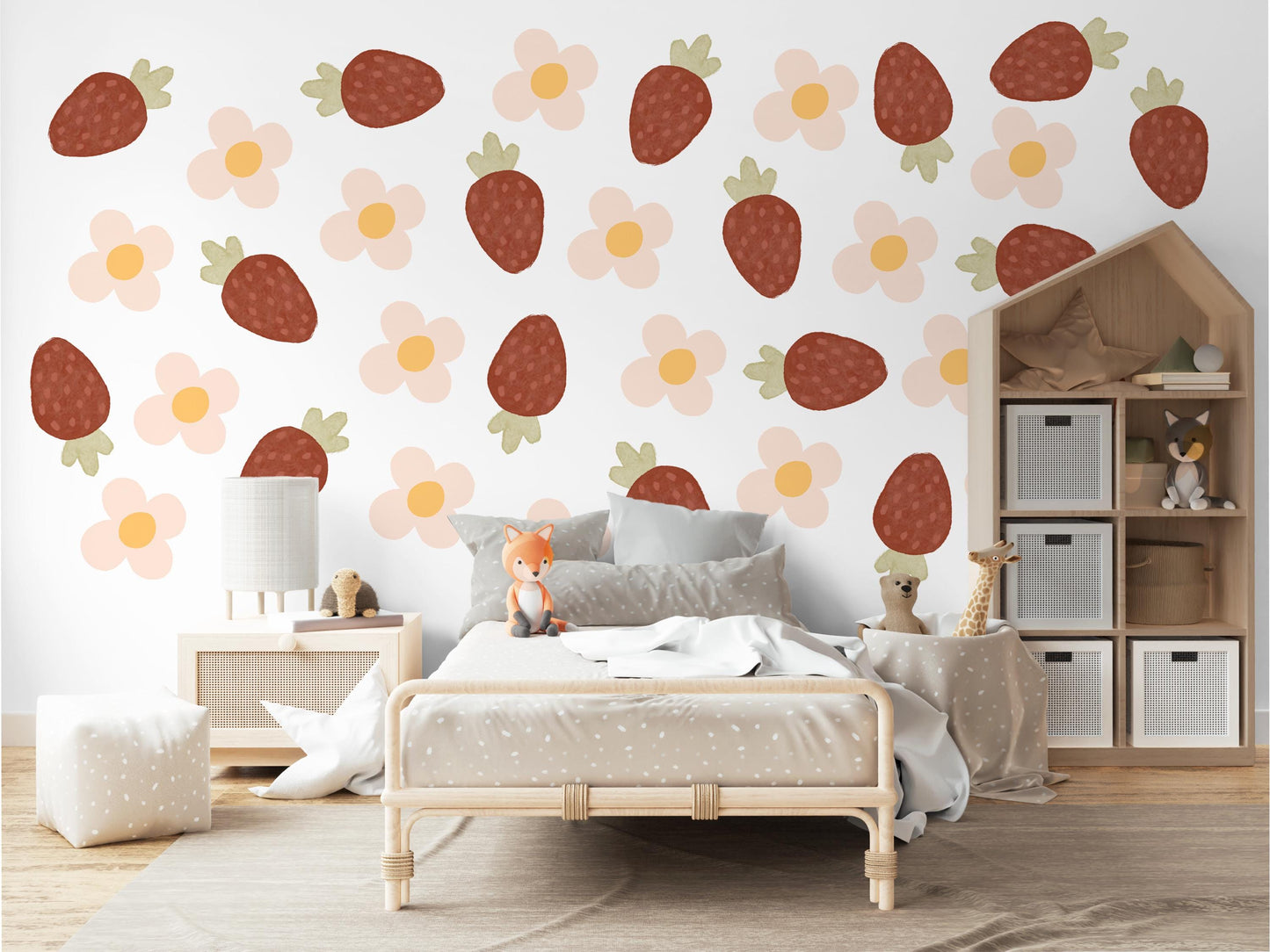 Strawberry Wall Decals Nursery Peel and Stick Wall Stickers Boho Strawberry Flowers Baby Girl Bedroom Playroom Wall Decor