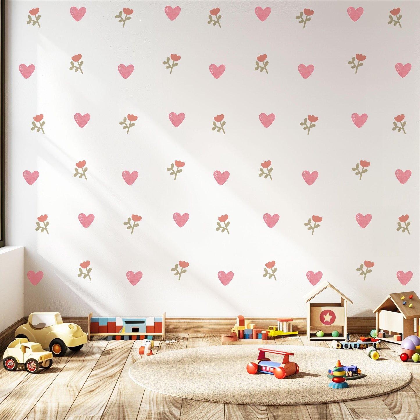 Boho Heart Wall Decals Nursery Peel and Stick Wall Stickers Pink Hearts Floral Baby Girl Bedroom Playroom Wall Decor