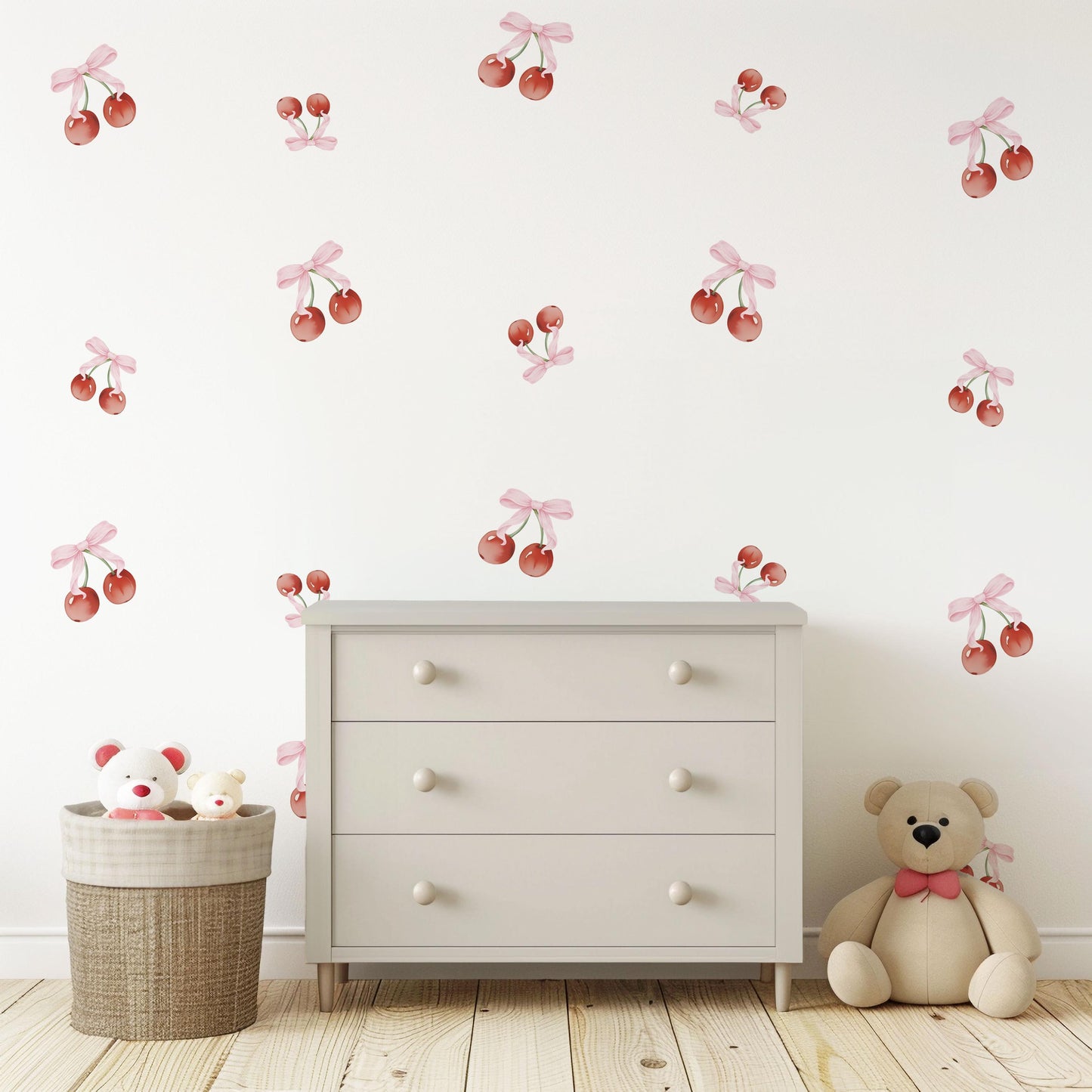 Cherry Wall Decals Nursery Peel and Stick Wall Stickers Pink Cherry Bow Decals Baby Girl Bedroom Playroom Boho Wall Decor