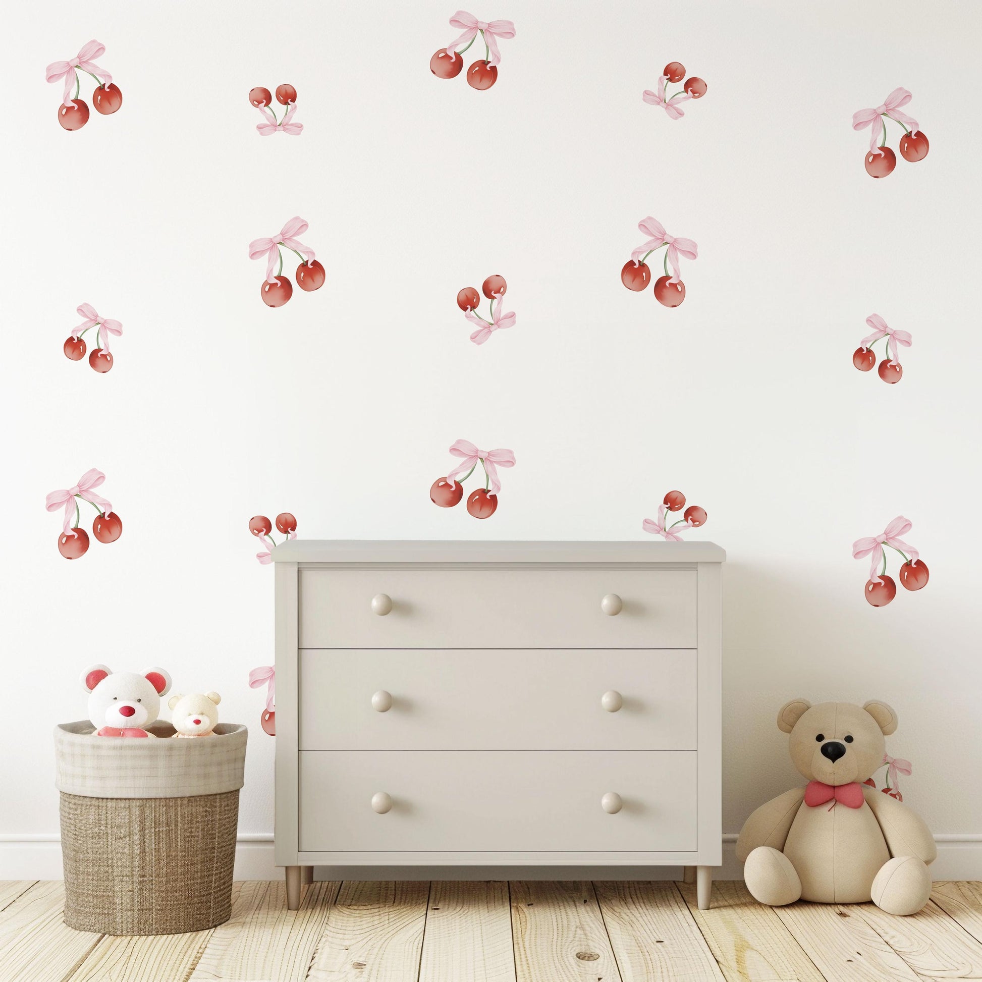 Cherry Wall Decals Nursery Peel and Stick Wall Stickers Pink Cherry Bow Decals Baby Girl Bedroom Playroom Boho Wall Decor