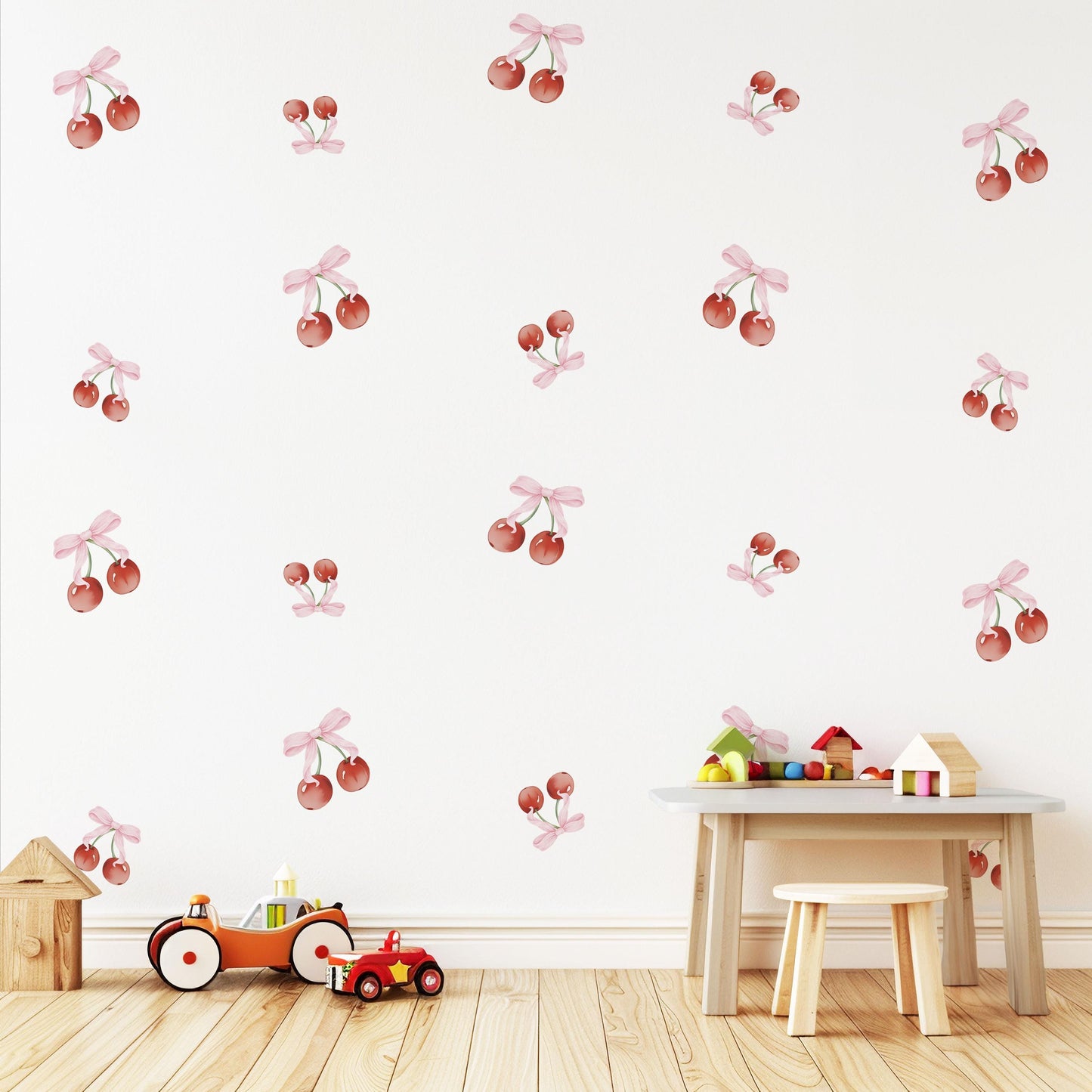 Cherry Wall Decals Nursery Peel and Stick Wall Stickers Pink Cherry Bow Decals Baby Girl Bedroom Playroom Boho Wall Decor