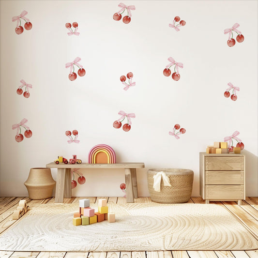Cherry Wall Decals Nursery Peel and Stick Wall Stickers Pink Cherry Bow Decals Baby Girl Bedroom Playroom Boho Wall Decor
