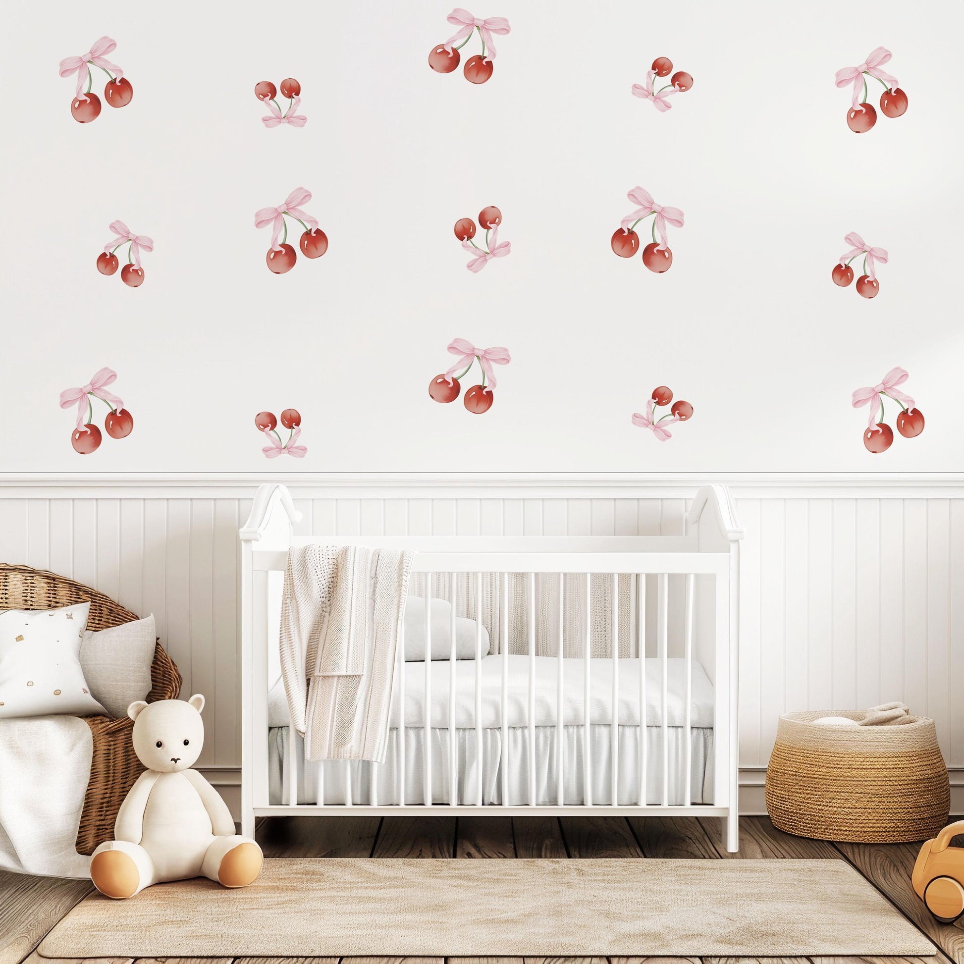 Cherry Wall Decals Nursery Peel and Stick Wall Stickers Pink Cherry Bow Decals Baby Girl Bedroom Playroom Boho Wall Decor