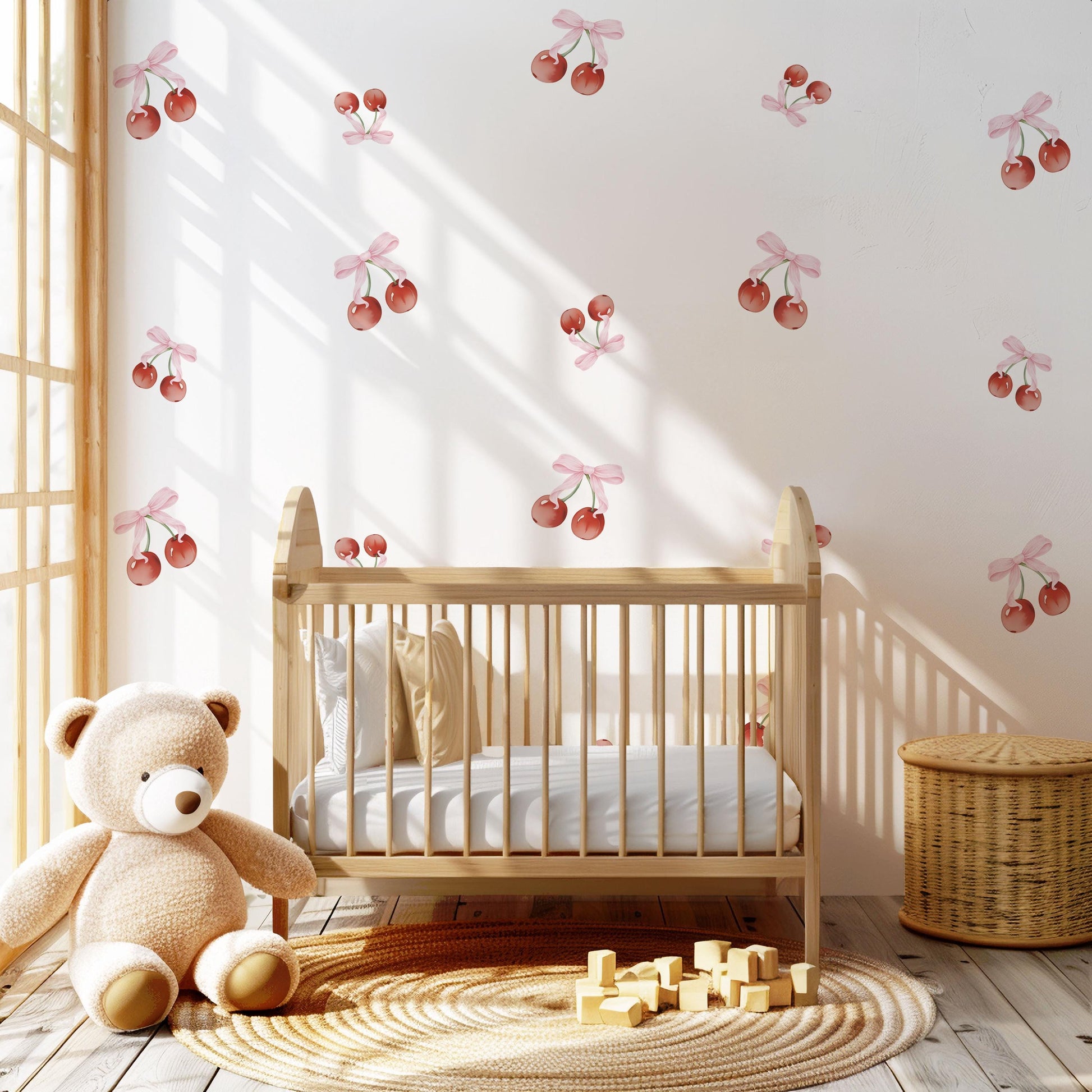 Cherry Wall Decals Nursery Peel and Stick Wall Stickers Pink Cherry Bow Decals Baby Girl Bedroom Playroom Boho Wall Decor