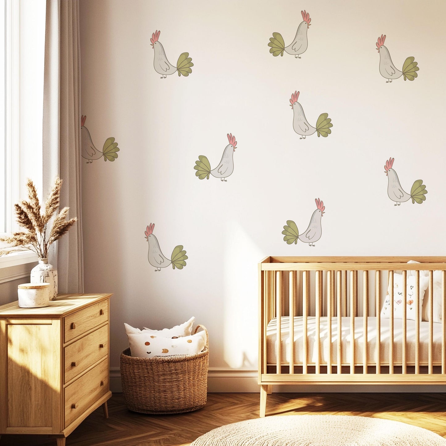 Chicken Wall Decals Nursery Peel and Stick Farm Animal Wall Stickers Hen Chicken Bedroom Playroom Boho Farmhouse Decor