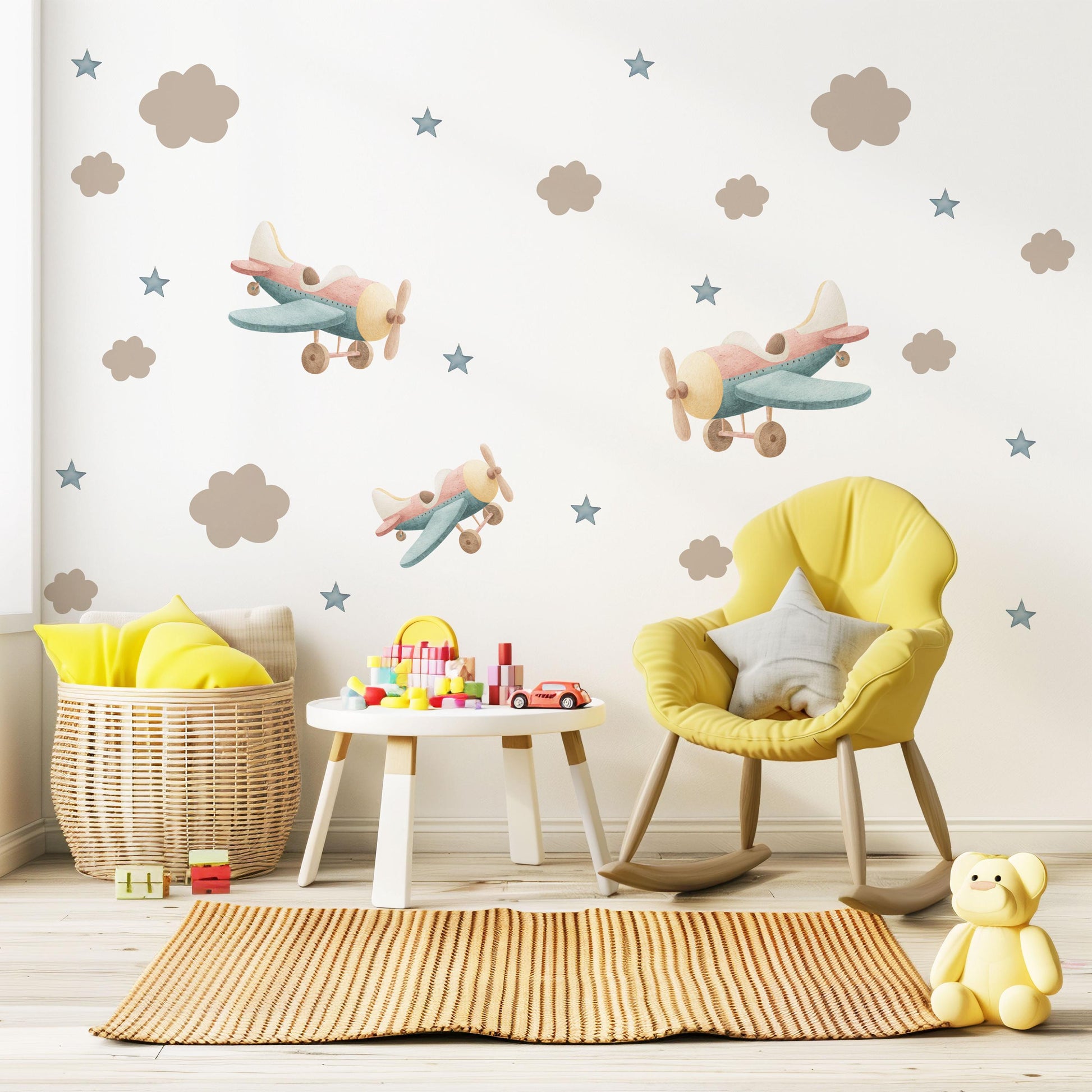 Airplane Wall Decals Nursery Peel and Stick Aeroplane Wall Stickers Vintage Plane Baby Boy Bedroom Playroom Sky Decor