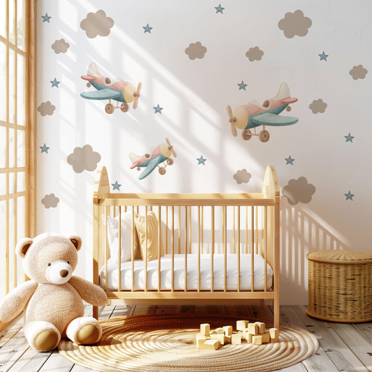 Airplane Wall Decals Nursery Peel and Stick Aeroplane Wall Stickers Vintage Plane Baby Boy Bedroom Playroom Sky Decor