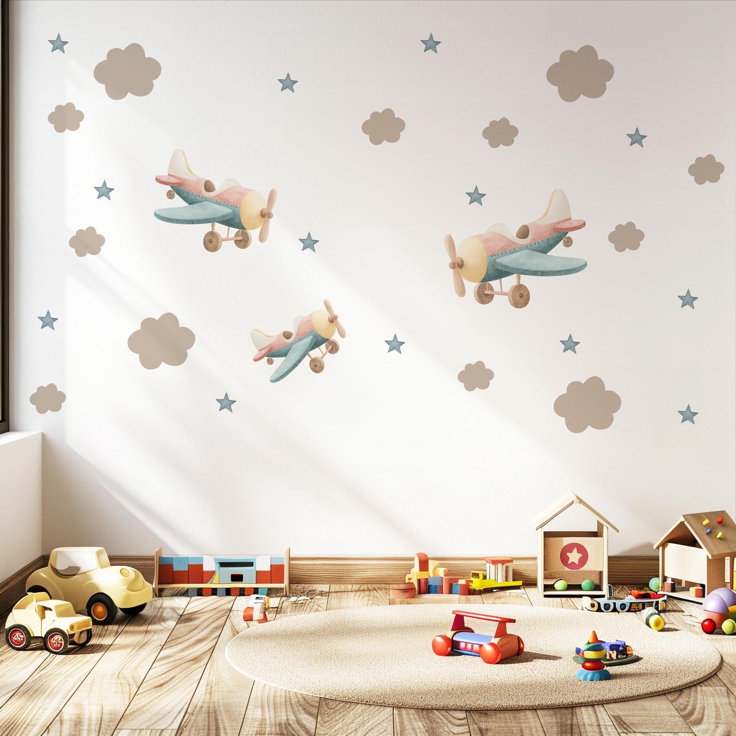 Airplane Wall Decals Nursery Peel and Stick Aeroplane Wall Stickers Vintage Plane Baby Boy Bedroom Playroom Sky Decor