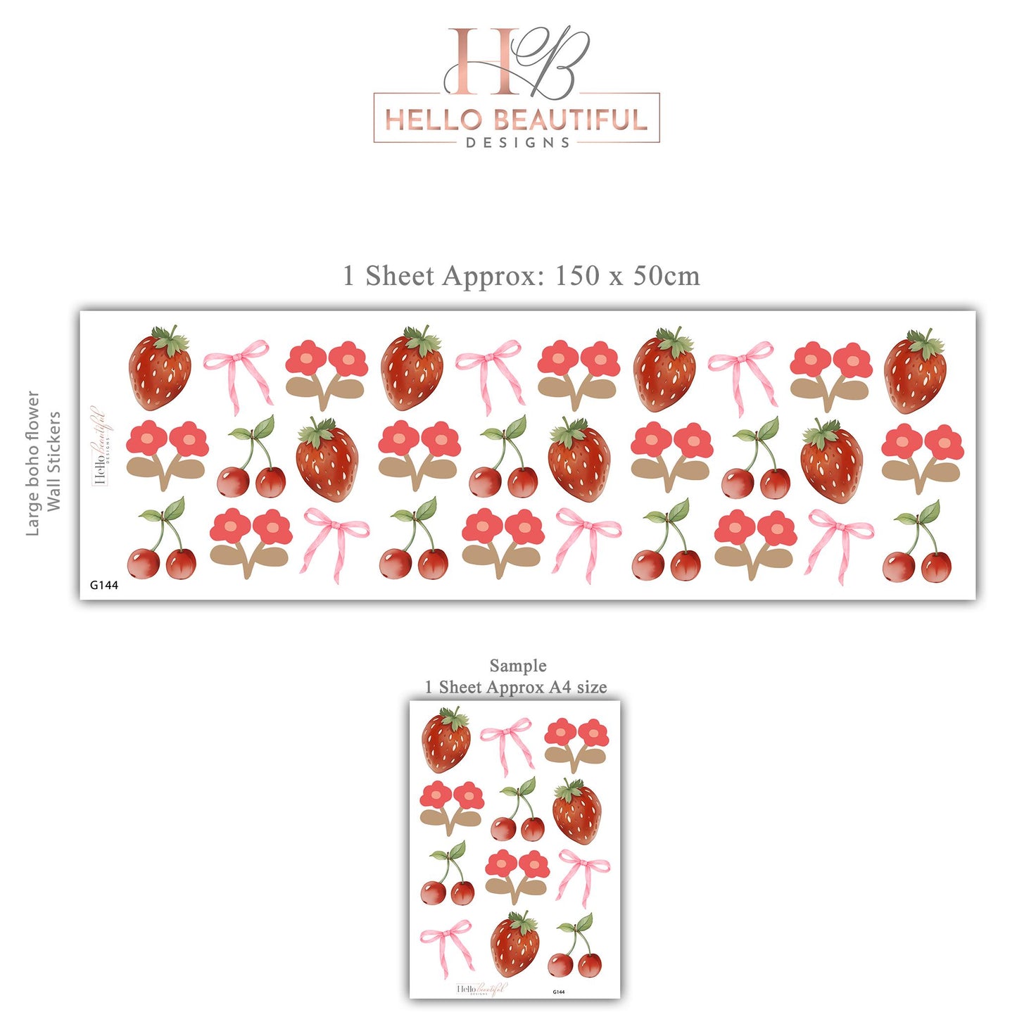 Strawberry Cherry Wall Decals Nursery Peel and Stick Fruit Wall Stickers Pink Bow Baby Girl Bedroom Boho Wall Decor