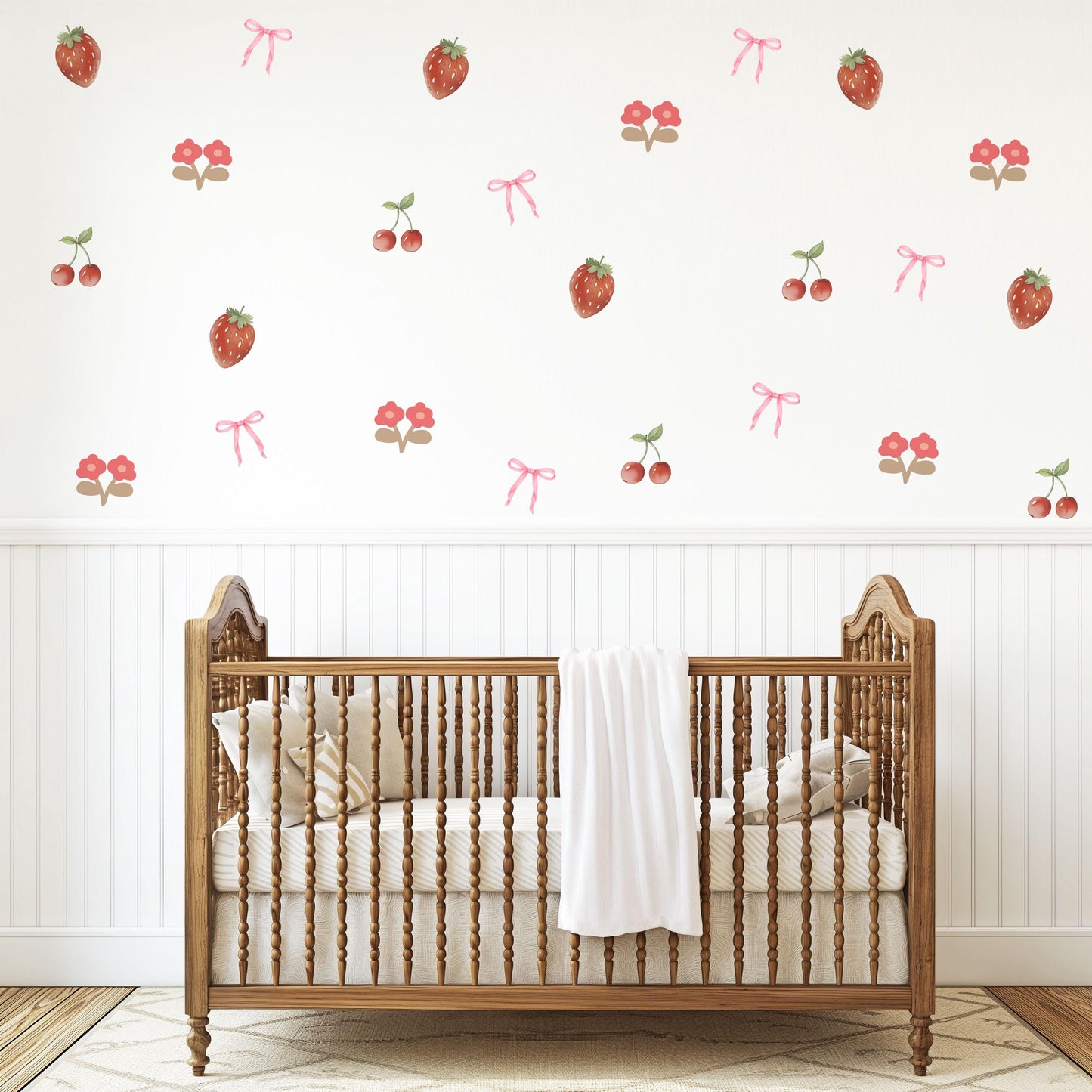 Strawberry Cherry Wall Decals Nursery Peel and Stick Fruit Wall Stickers Pink Bow Baby Girl Bedroom Boho Wall Decor