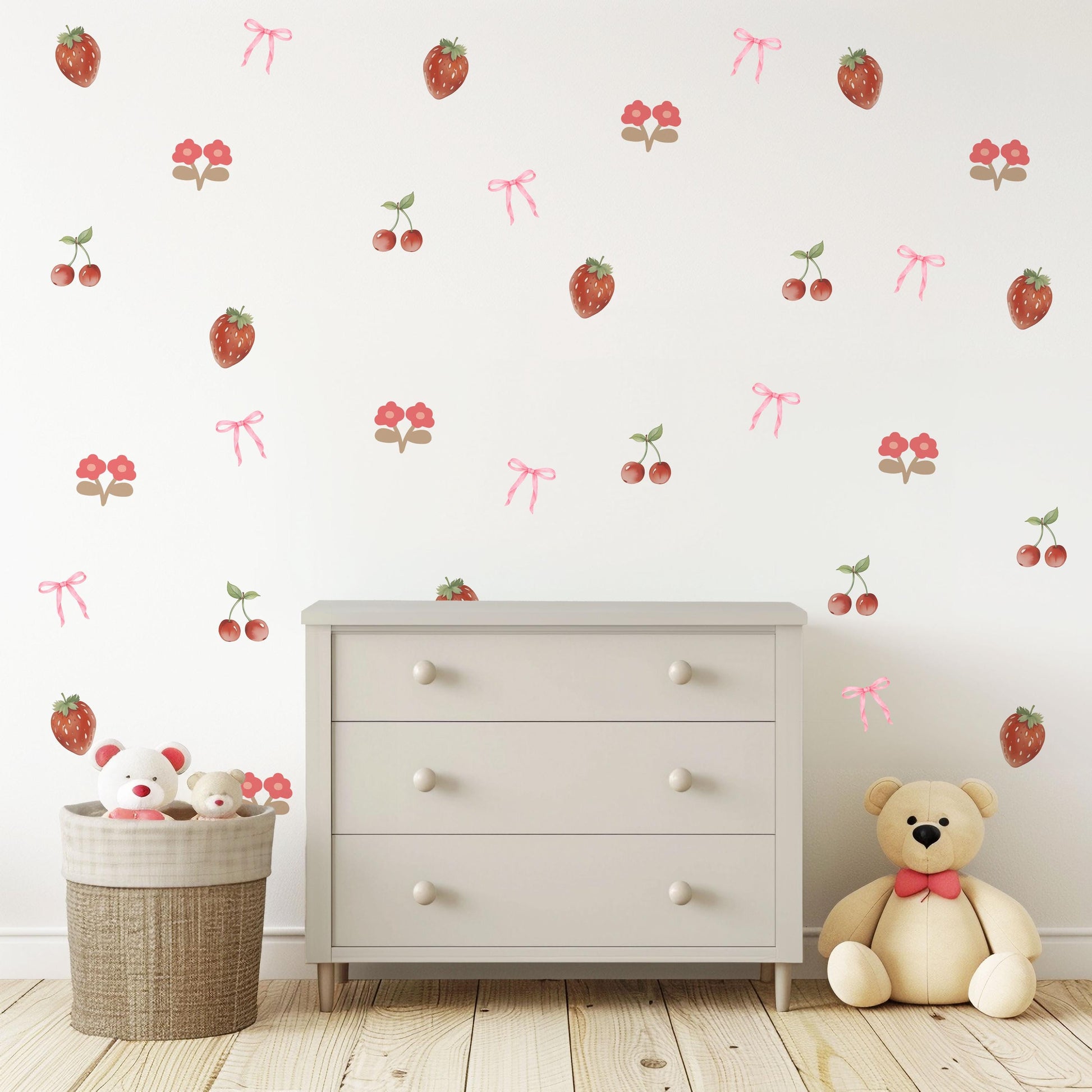 Strawberry Cherry Wall Decals Nursery Peel and Stick Fruit Wall Stickers Pink Bow Baby Girl Bedroom Boho Wall Decor
