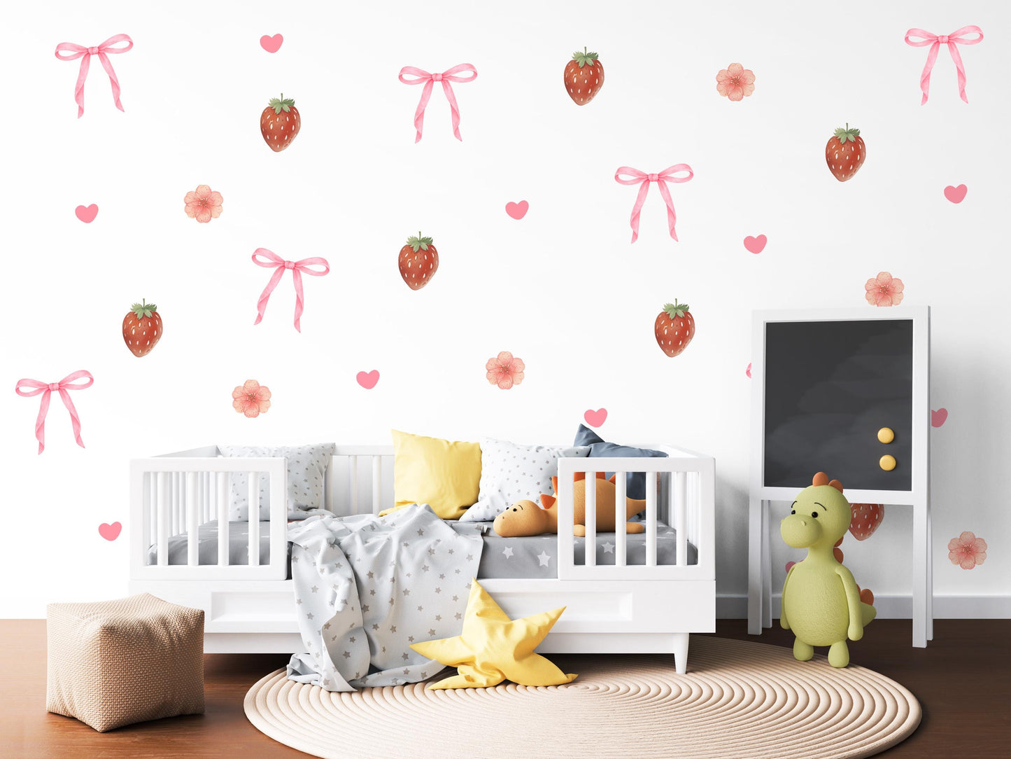 Strawberry Bow Wall Decals Nursery Peel and Stick Wall Stickers Pink Floral Baby Girl Bedroom Boho Wall Decor Removable