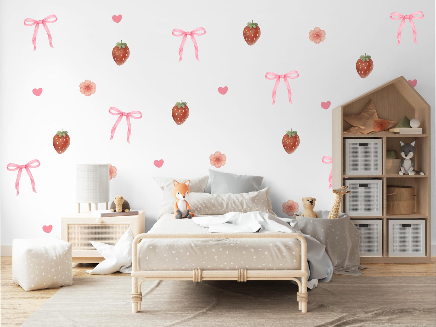 Strawberry Bow Wall Decals Nursery Peel and Stick Wall Stickers Pink Floral Baby Girl Bedroom Boho Wall Decor Removable