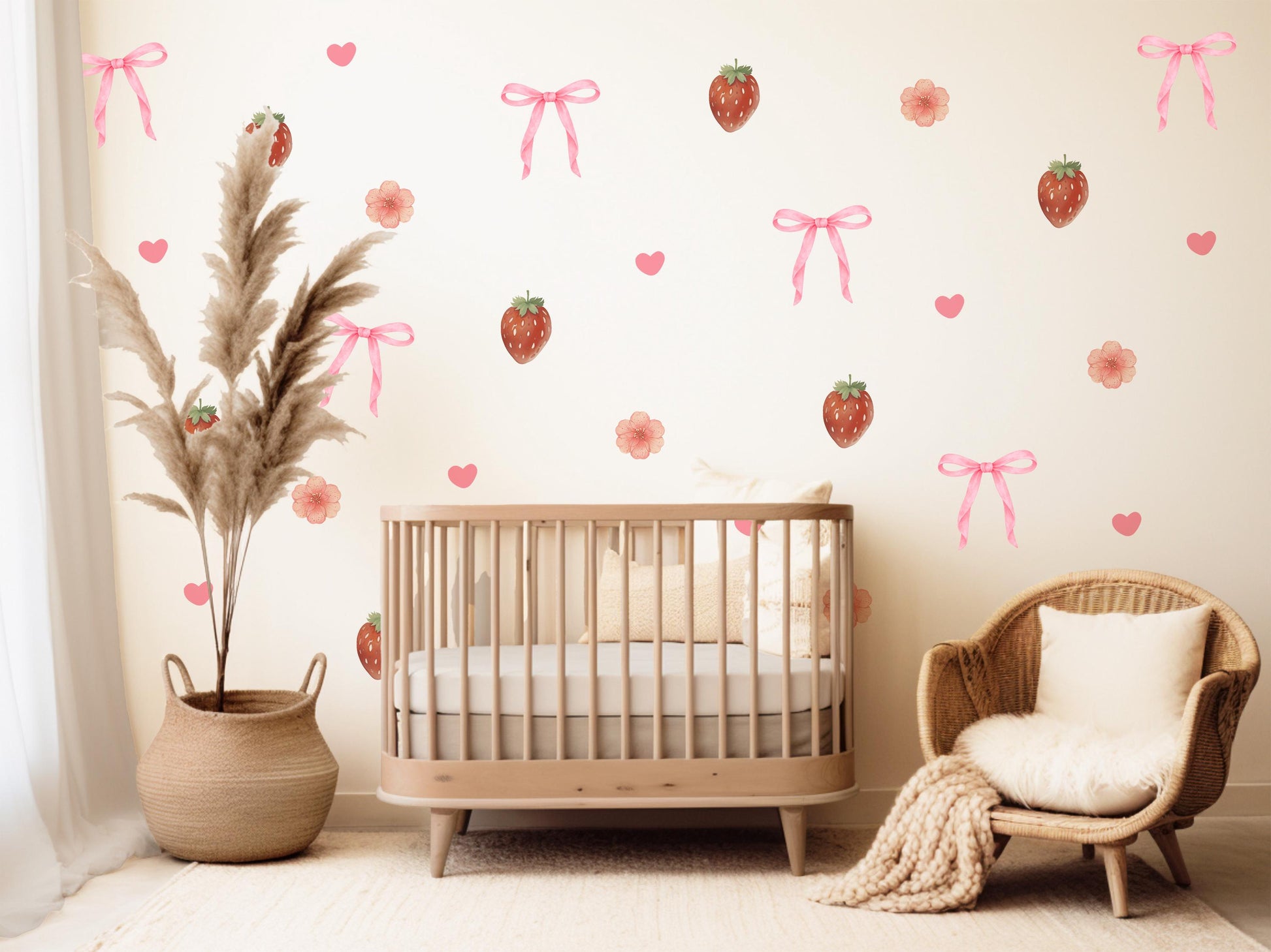 Strawberry Bow Wall Decals Nursery Peel and Stick Wall Stickers Pink Floral Baby Girl Bedroom Boho Wall Decor Removable