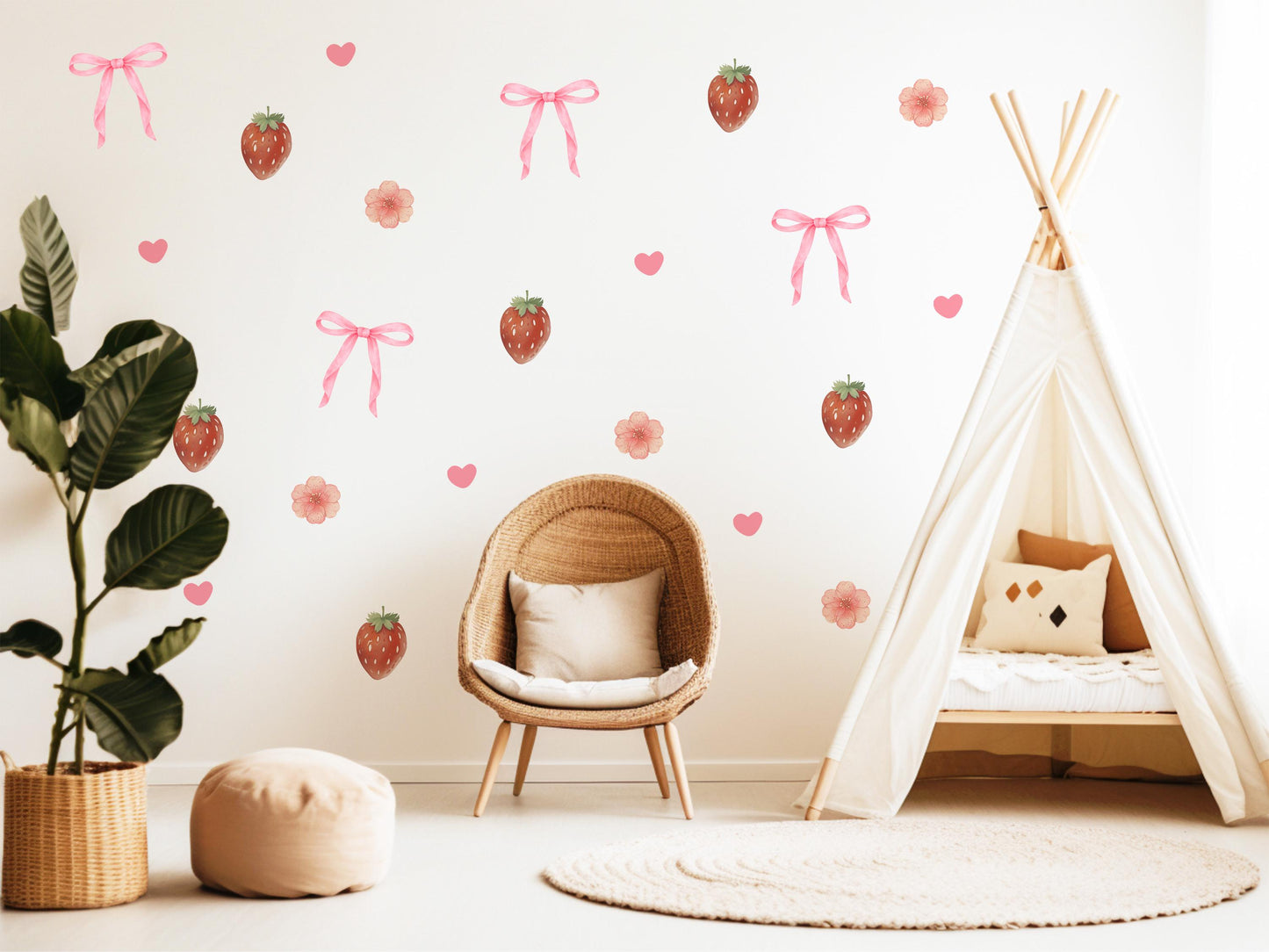 Strawberry Bow Wall Decals Nursery Peel and Stick Wall Stickers Pink Floral Baby Girl Bedroom Boho Wall Decor Removable