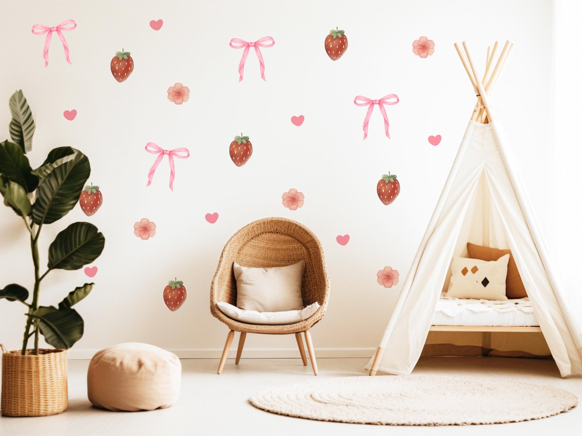Strawberry Bow Wall Decals Nursery Peel and Stick Wall Stickers Pink Floral Baby Girl Bedroom Boho Wall Decor Removable
